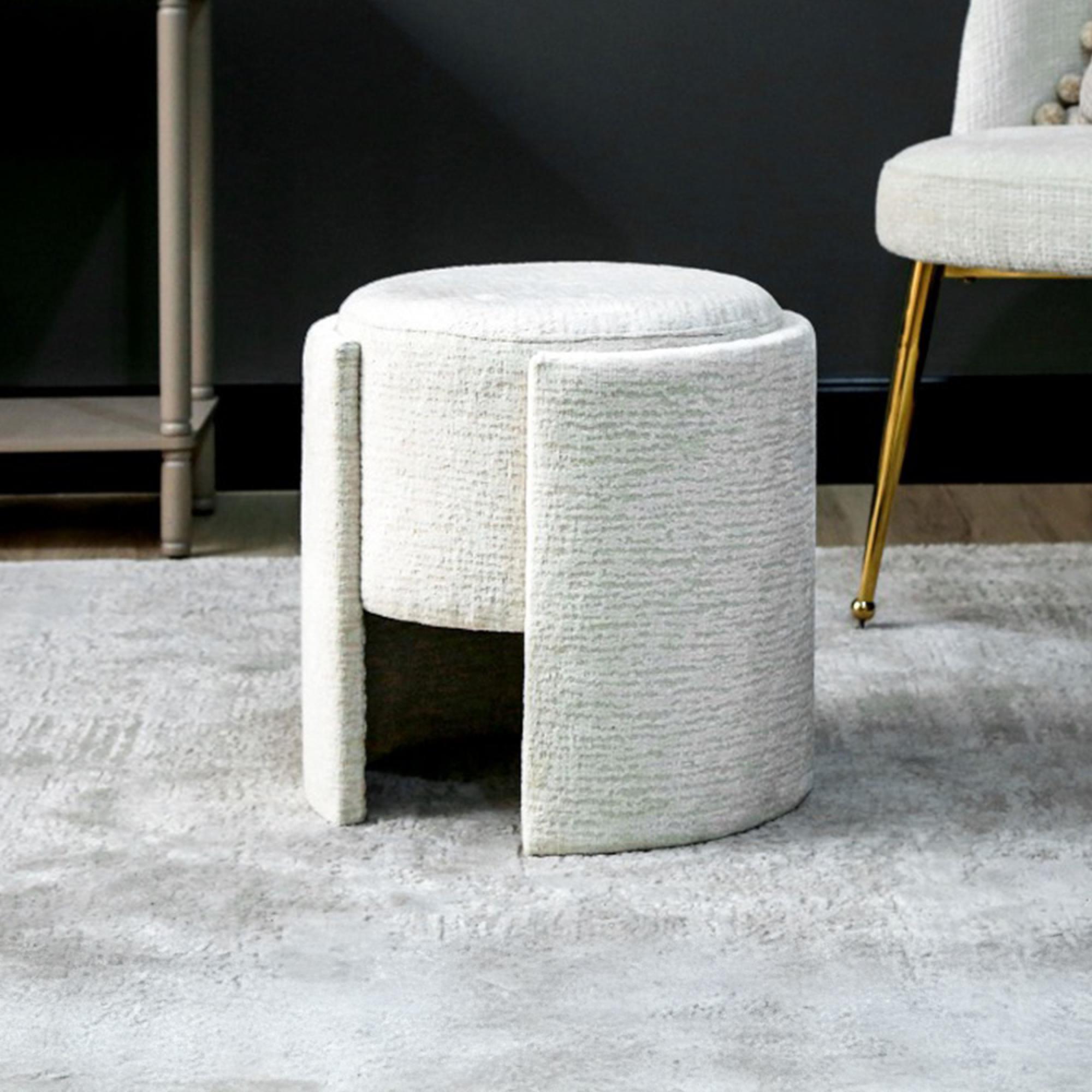 Footstool - Round - Ivory Chenille Fabric - Small