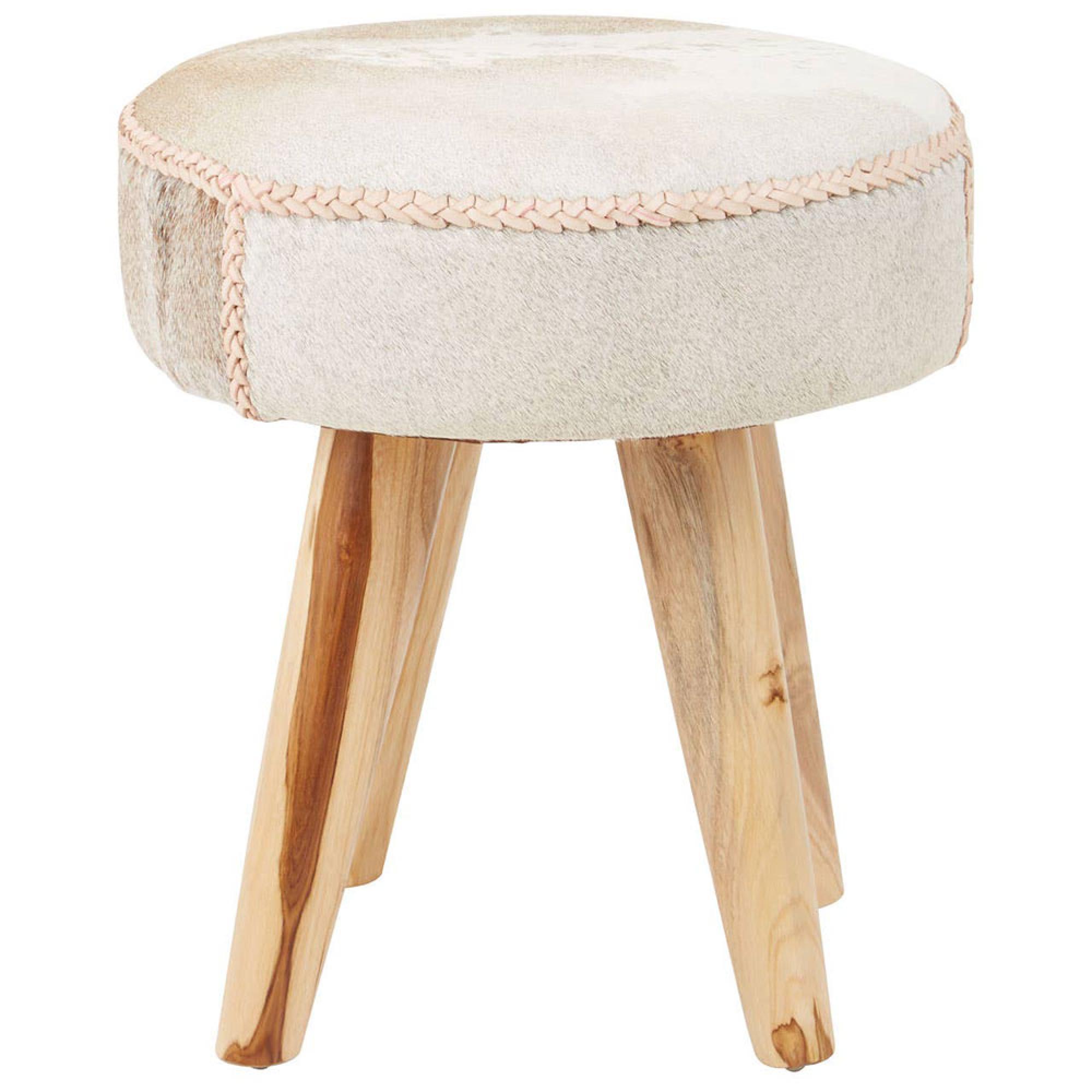 Kendari Footstool - Round - Beige Leather with Teak Wood