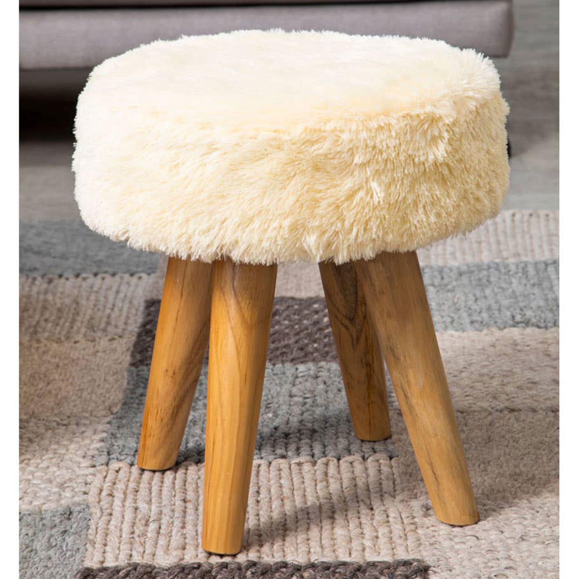 Kendari Footstool - Round - Cream Faux Fur with Teak Wood