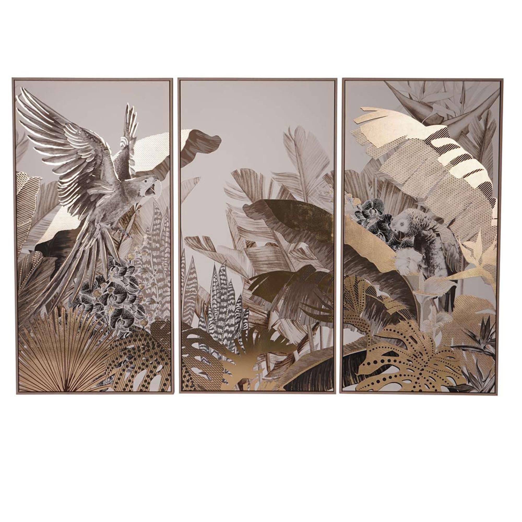 Tropical Birds Wall Art - Golden - Canvas - Set of 3