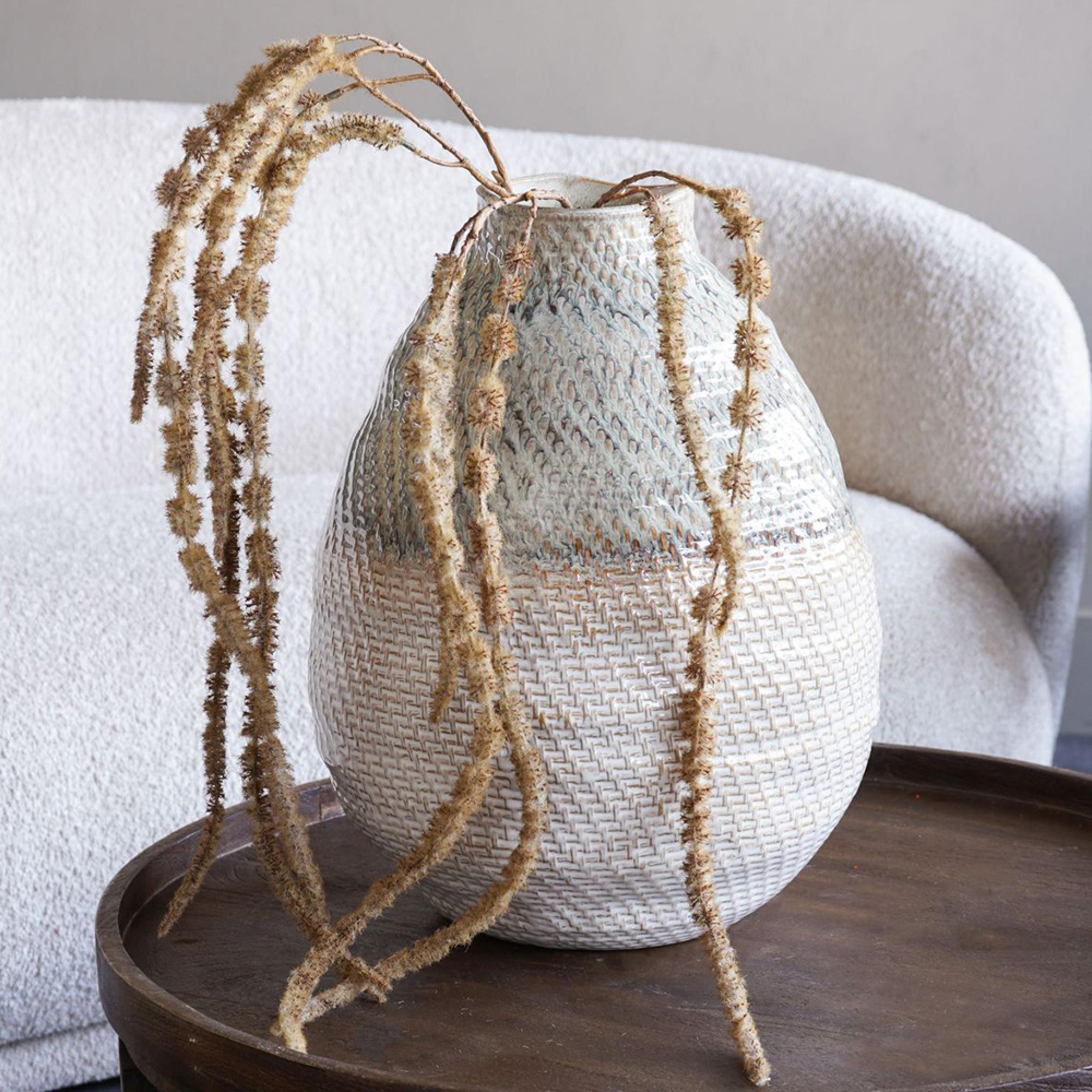 Vase - Taupe and White Ceramic - Woven Effect