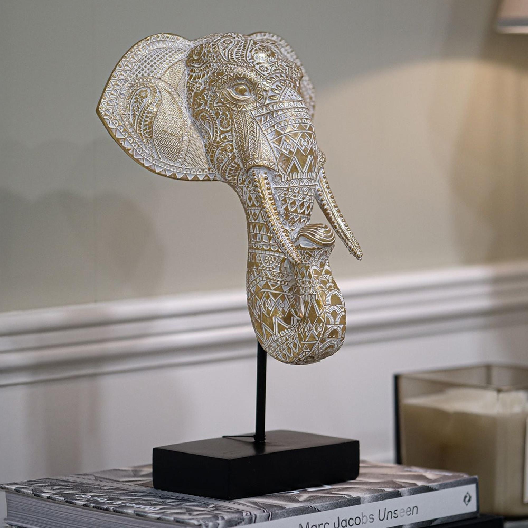Set of 2 Elephant Head Gold, White and Black Large Sculpture