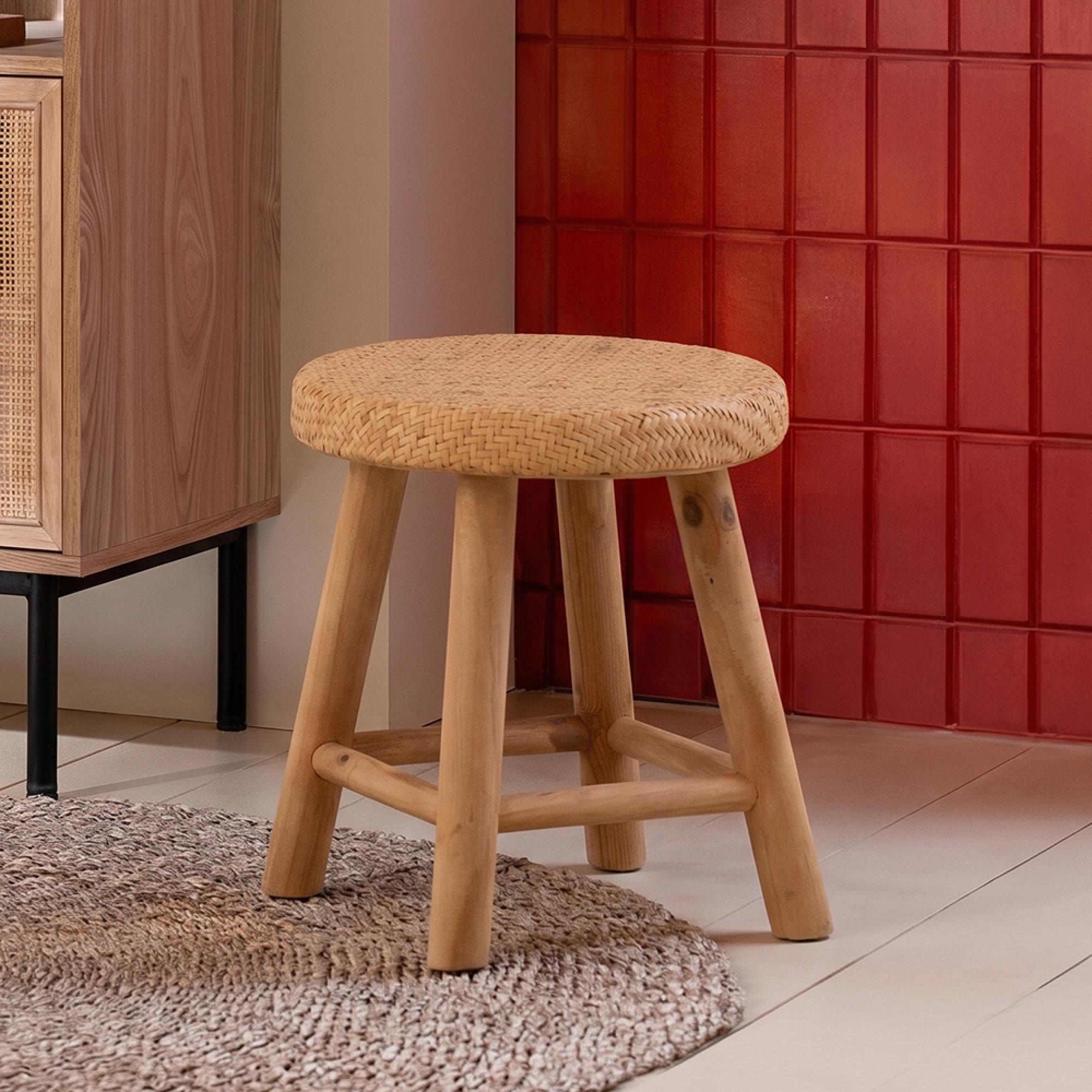 Stool - Set of 4 - Round  - Natural - Cane and Fir Wood