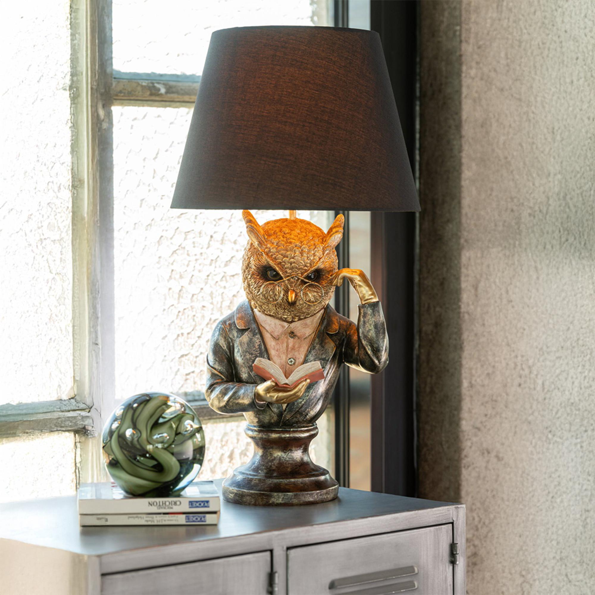 Owl Table Lamp - Antique Brown and Gold - Polyresin