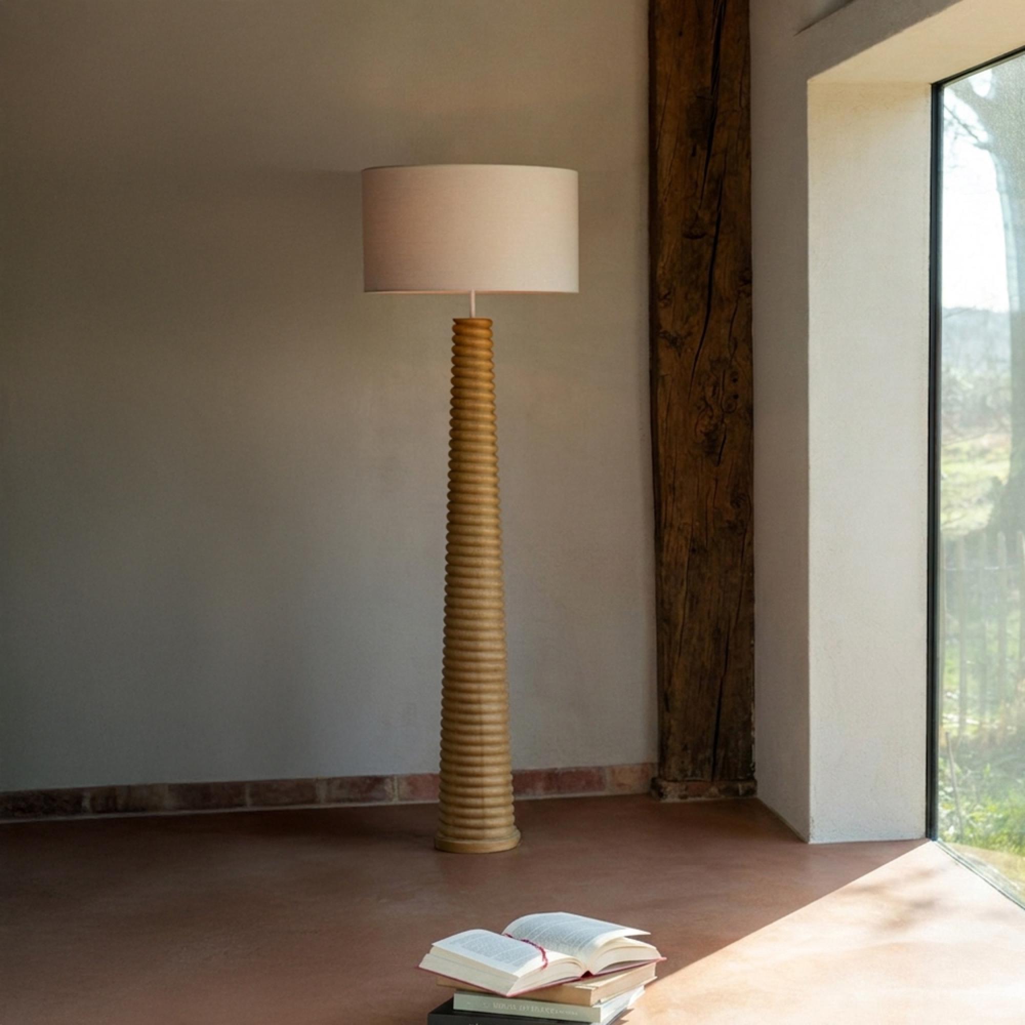 Floor Lamp - Natural and Grey - Threaded Ailanthus Wood