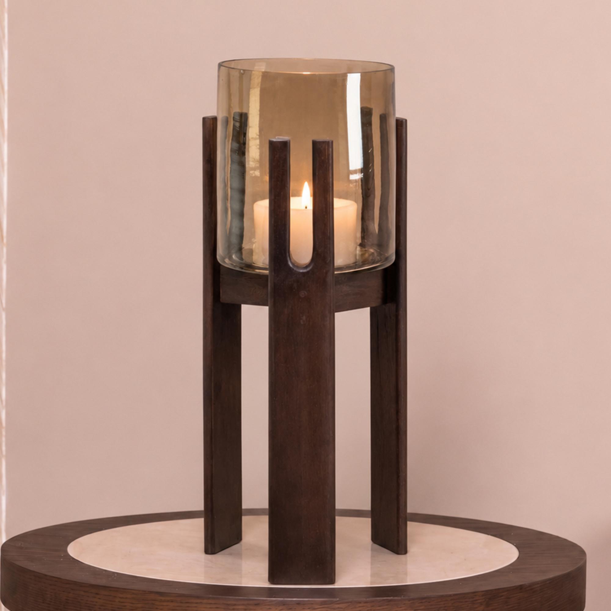 Reese Hurricane Light - Small - Walnut - Glass and Mango Wood