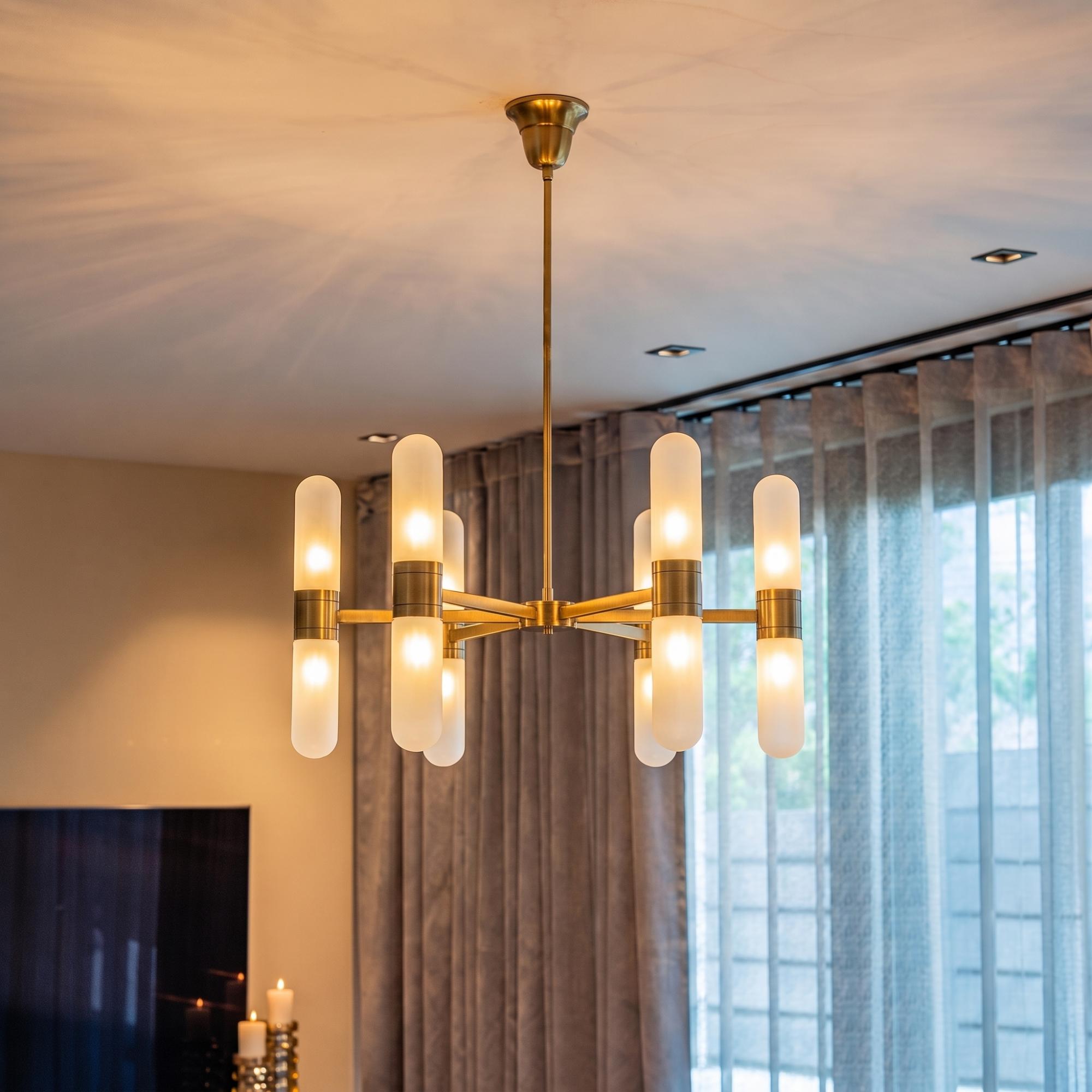 Tricon Glass and Bronze Chandelier