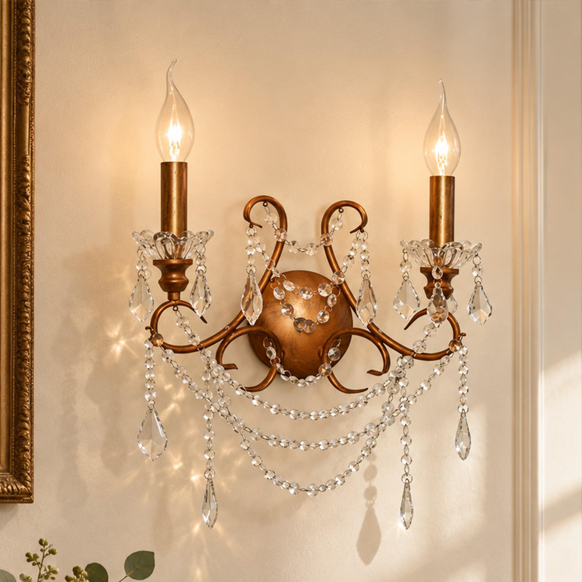 2 Branch Cut Glass Chandelier Wall Light - Antique Gold