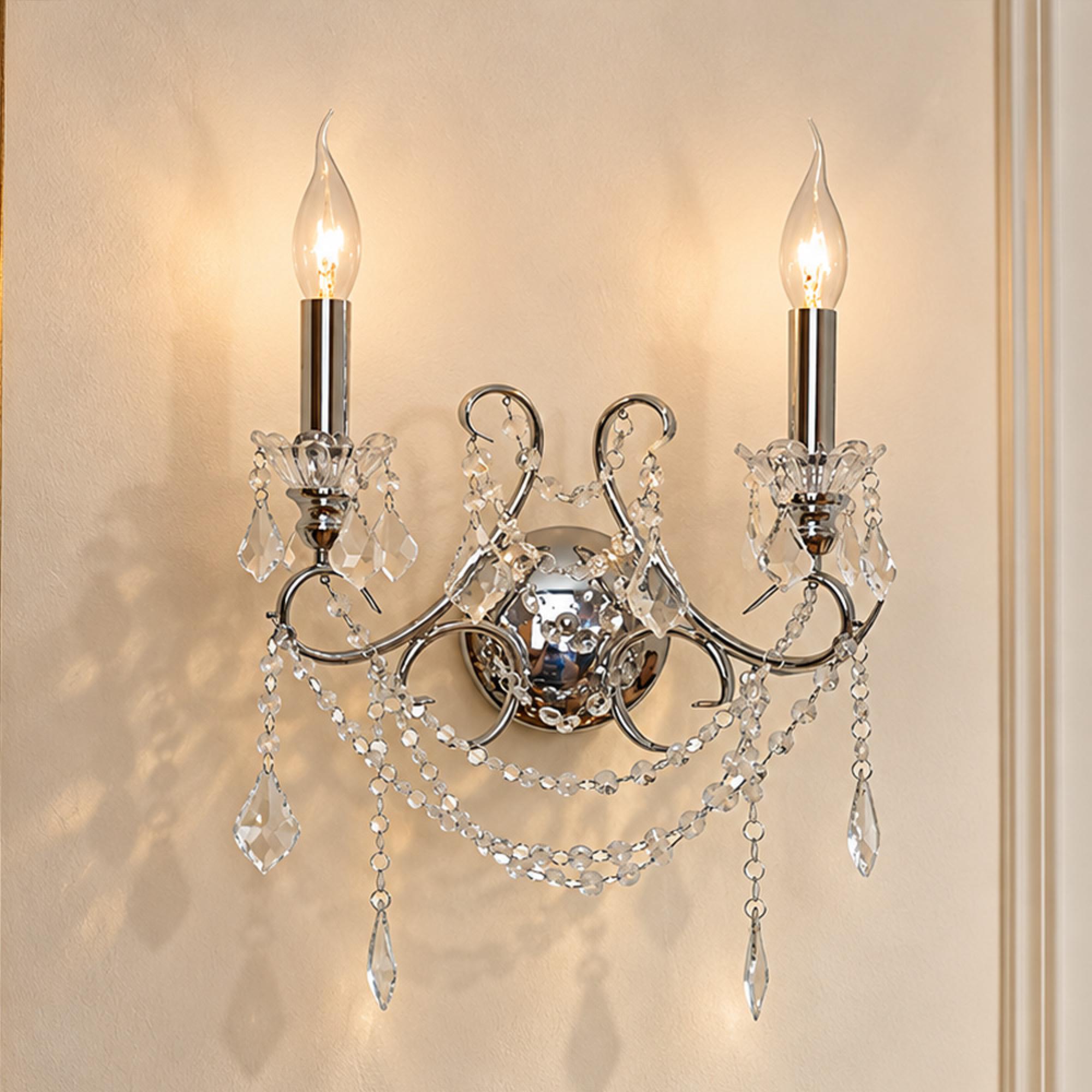 2 Branch Cut Glass Chandelier Wall Light - Chrome