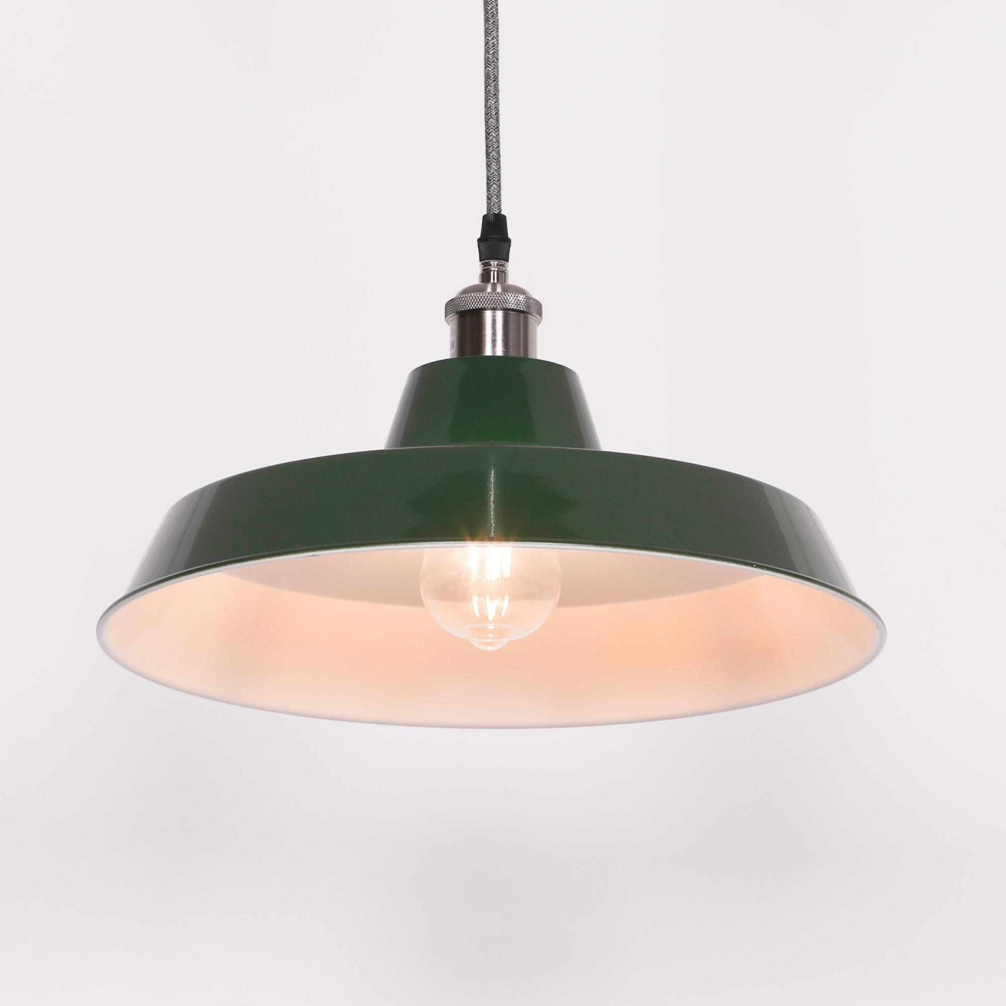 British Factory Style Pendant Light - Green Painted Metal - 36cm
