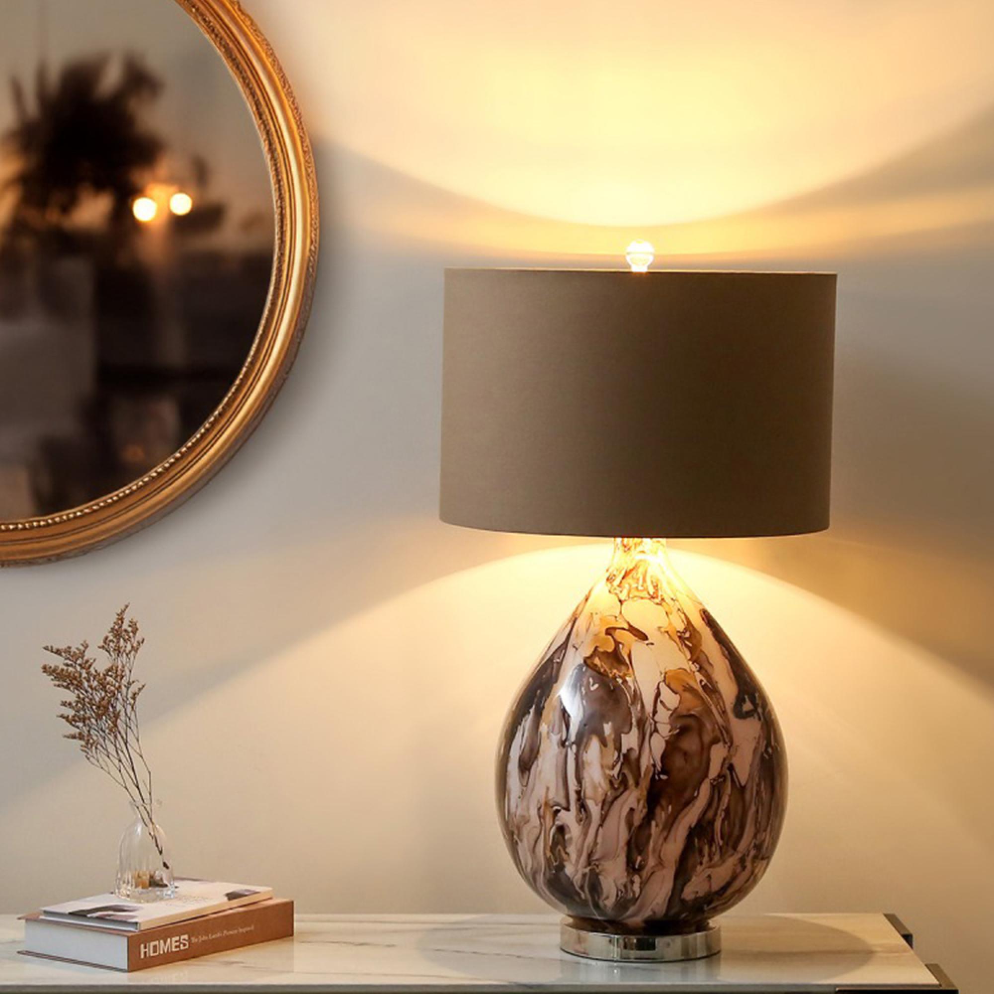 Table Lamp - Brown Linen and Gold Abstract Glass