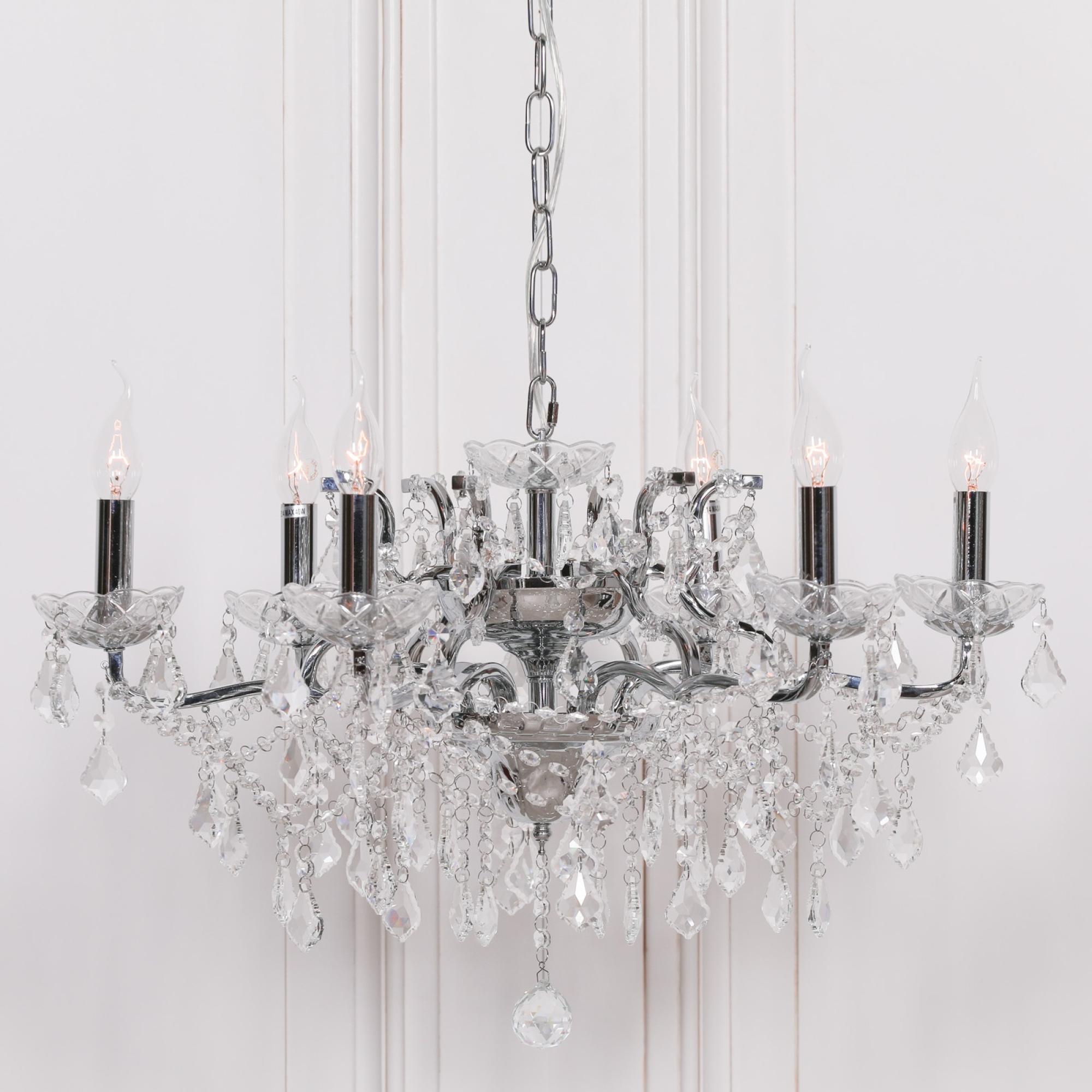 French Style Shallow Cut Glass Chandelier - Chrome - 6 Branch