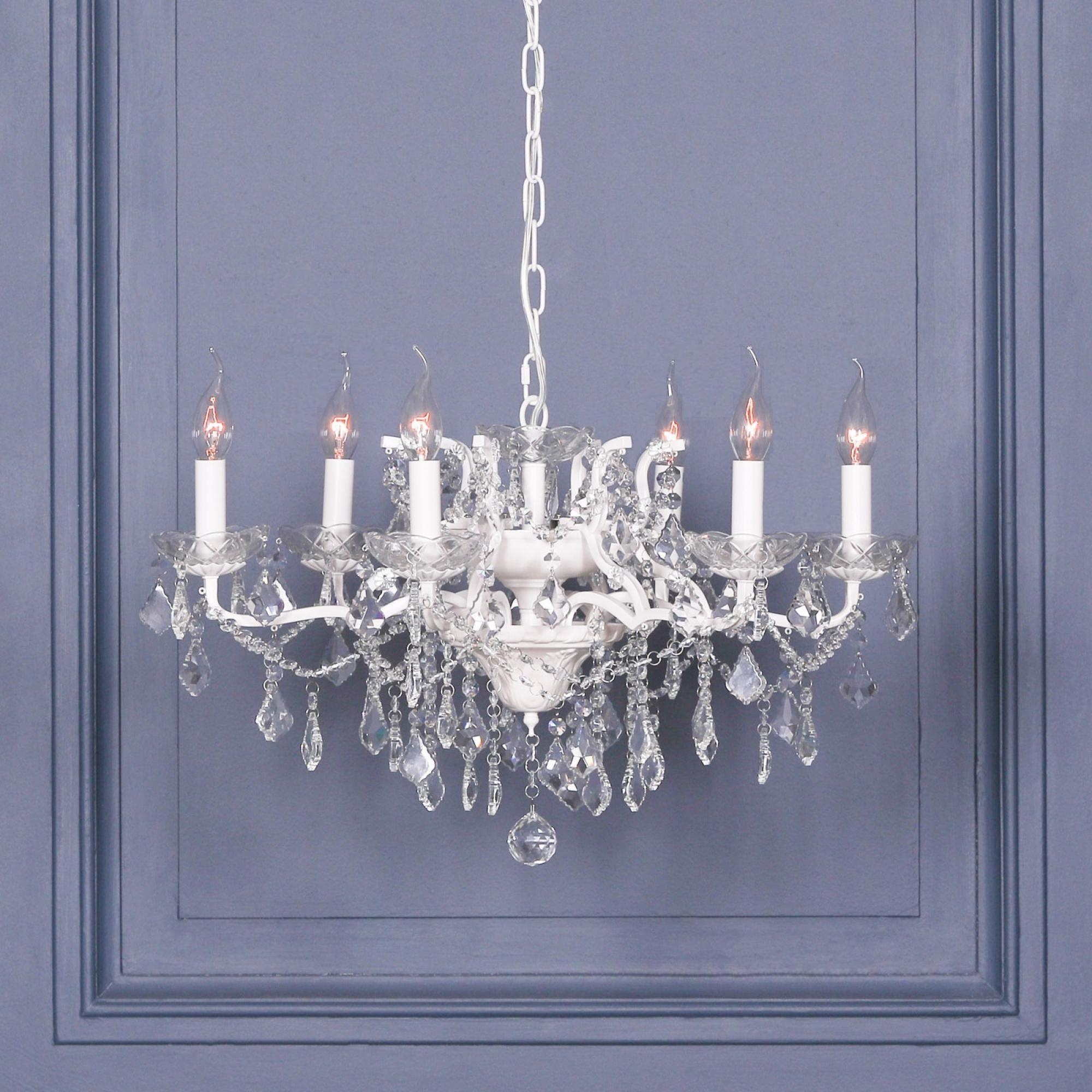 French Style Shallow Cut Glass Chandelier - White - 6 Branch