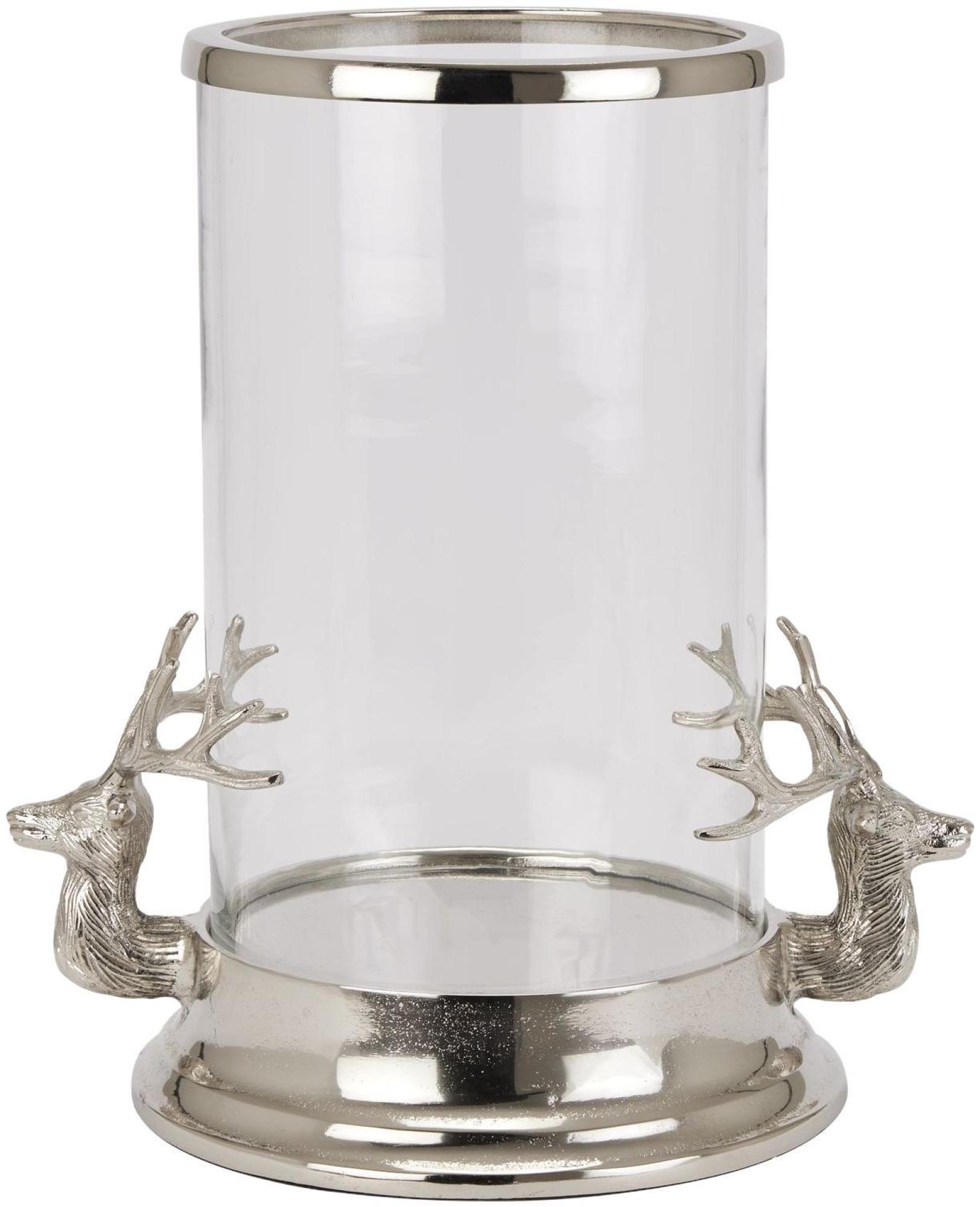Hurricane Lantern - Silver Metal - Stag Heads