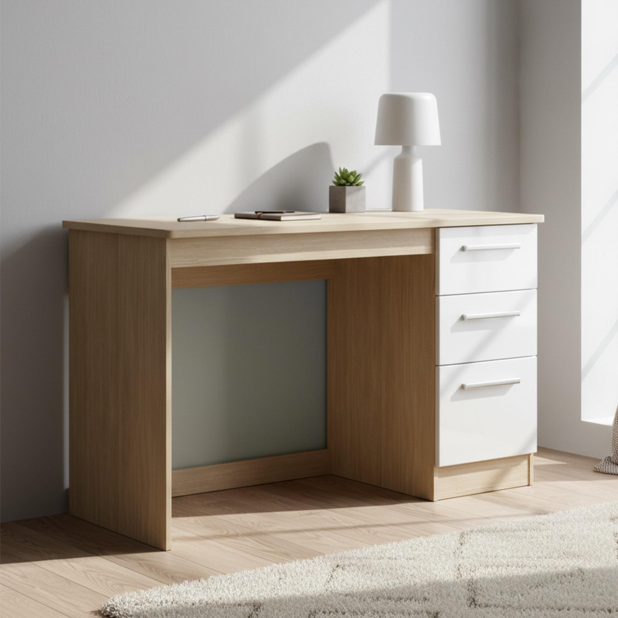 Knightsbridge Desk - 3 Drawer - White Gloss and Light Oak