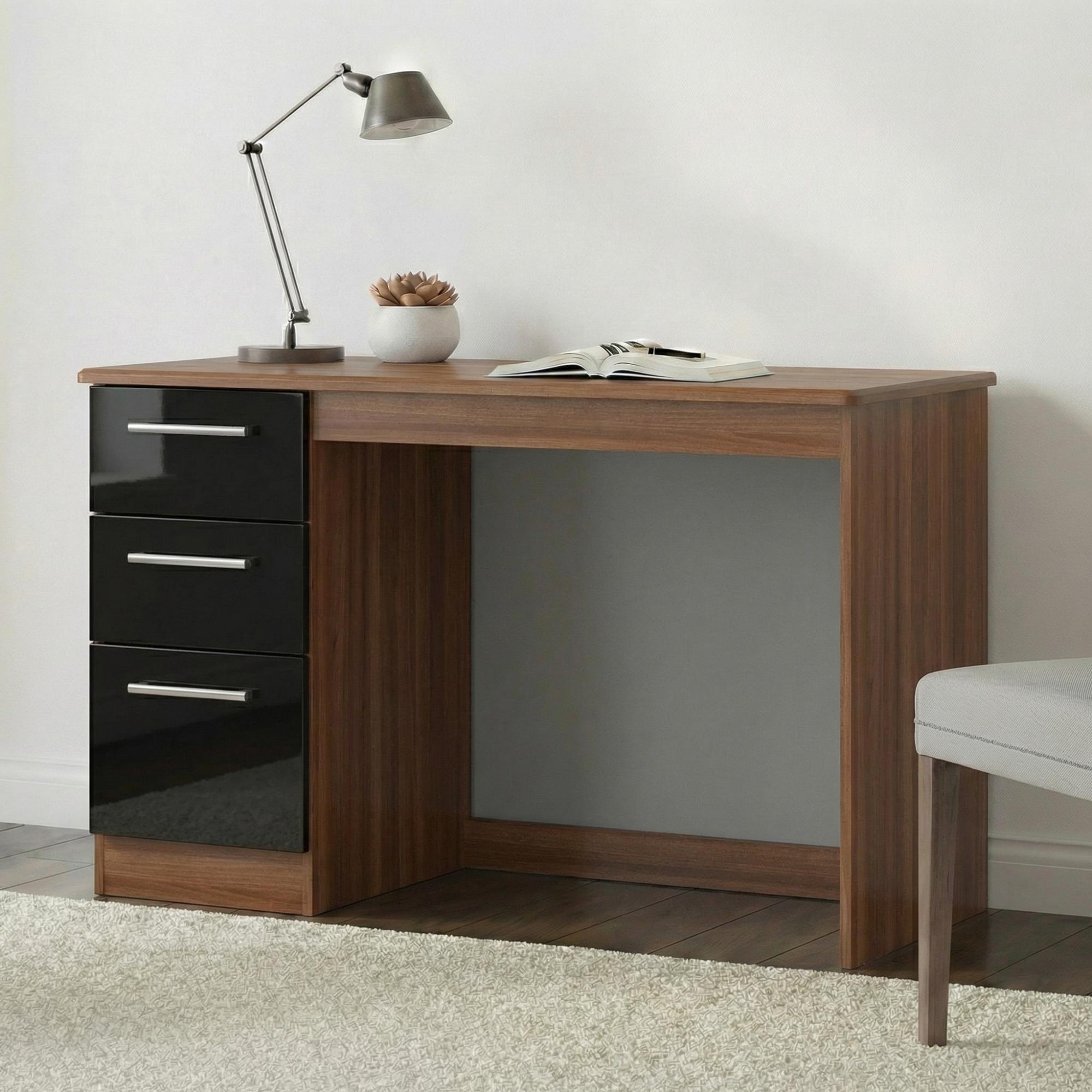 Knightsbridge Desk - 3 Drawer - Black Gloss and Walnut