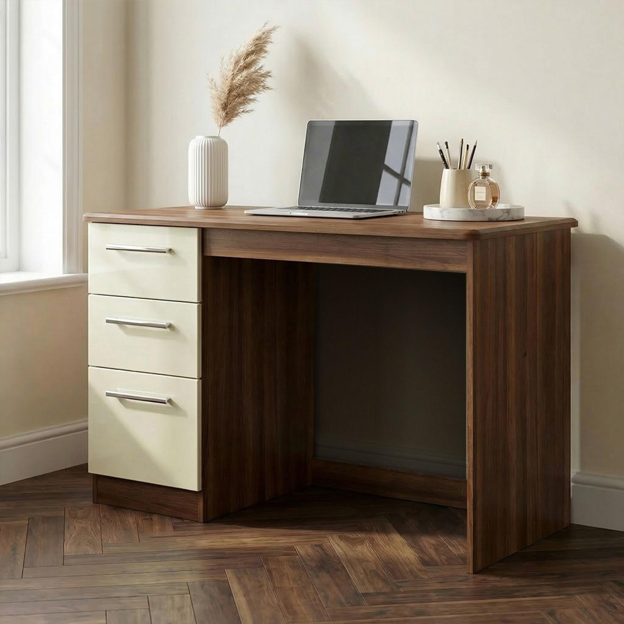 Knightsbridge Desk - 3 Drawer - Cream Gloss and Walnut