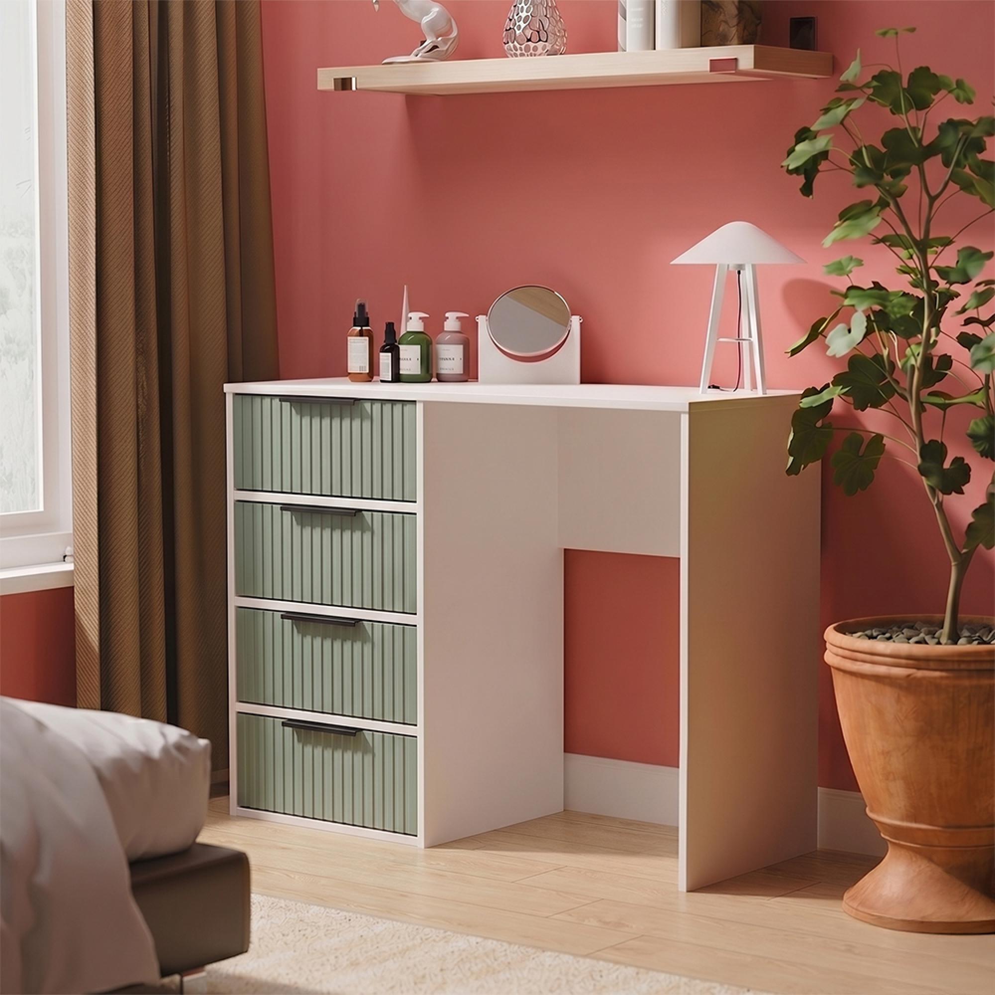 Fluted Desk - 4 Drawer - Reed Green and White Matt