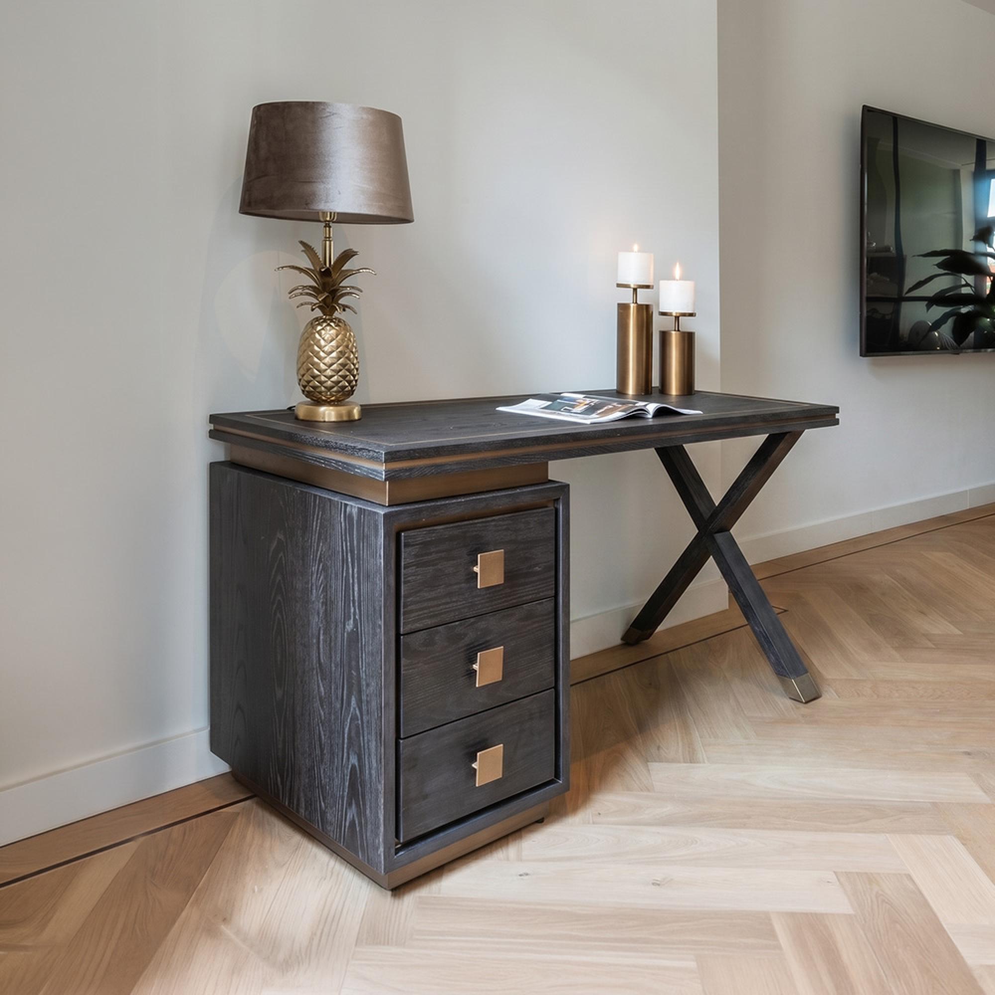 Hunter Black Oak 3 Drawer Desk with Gold Trim
