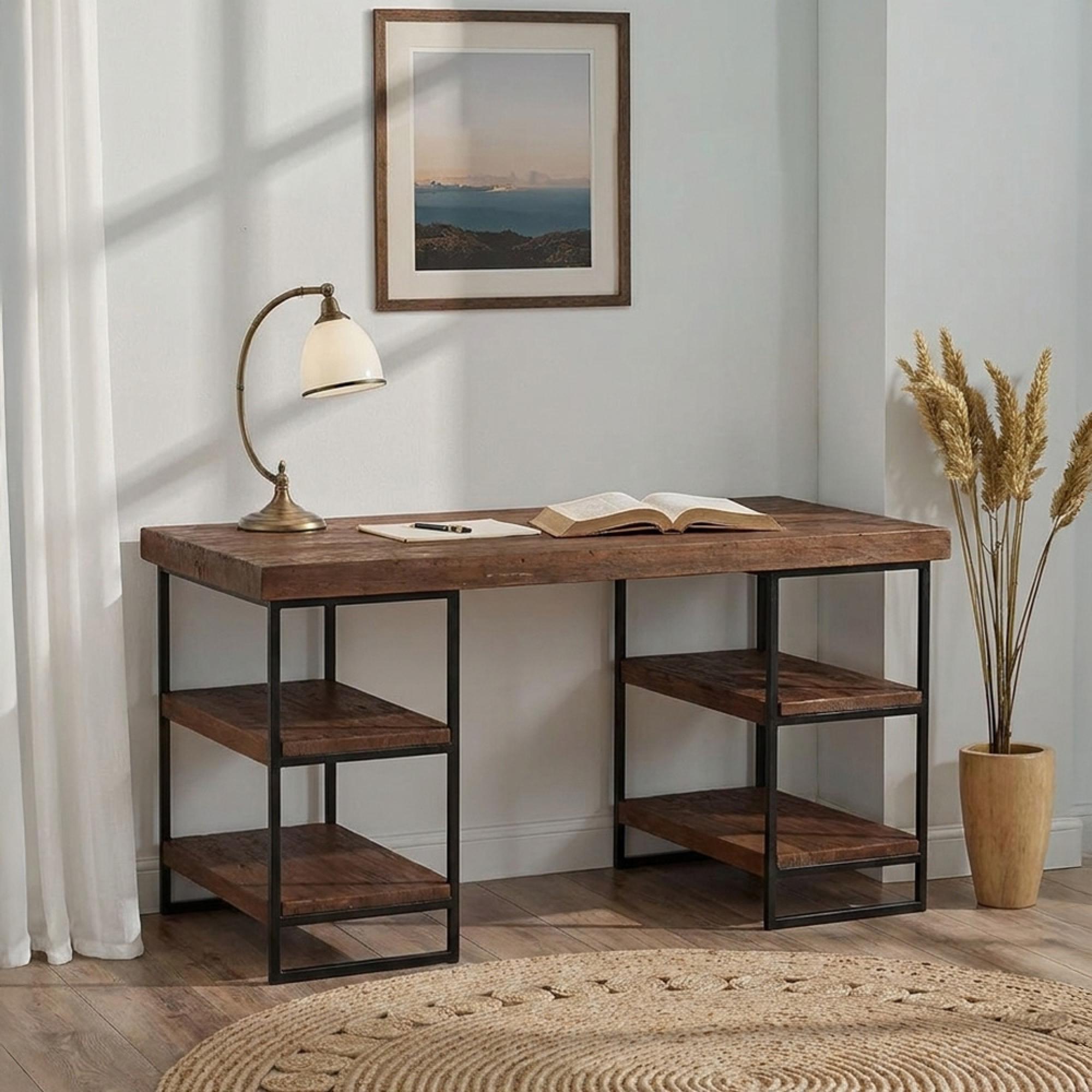 Elena Distressed Desk - Dark Brown - Teak Wood