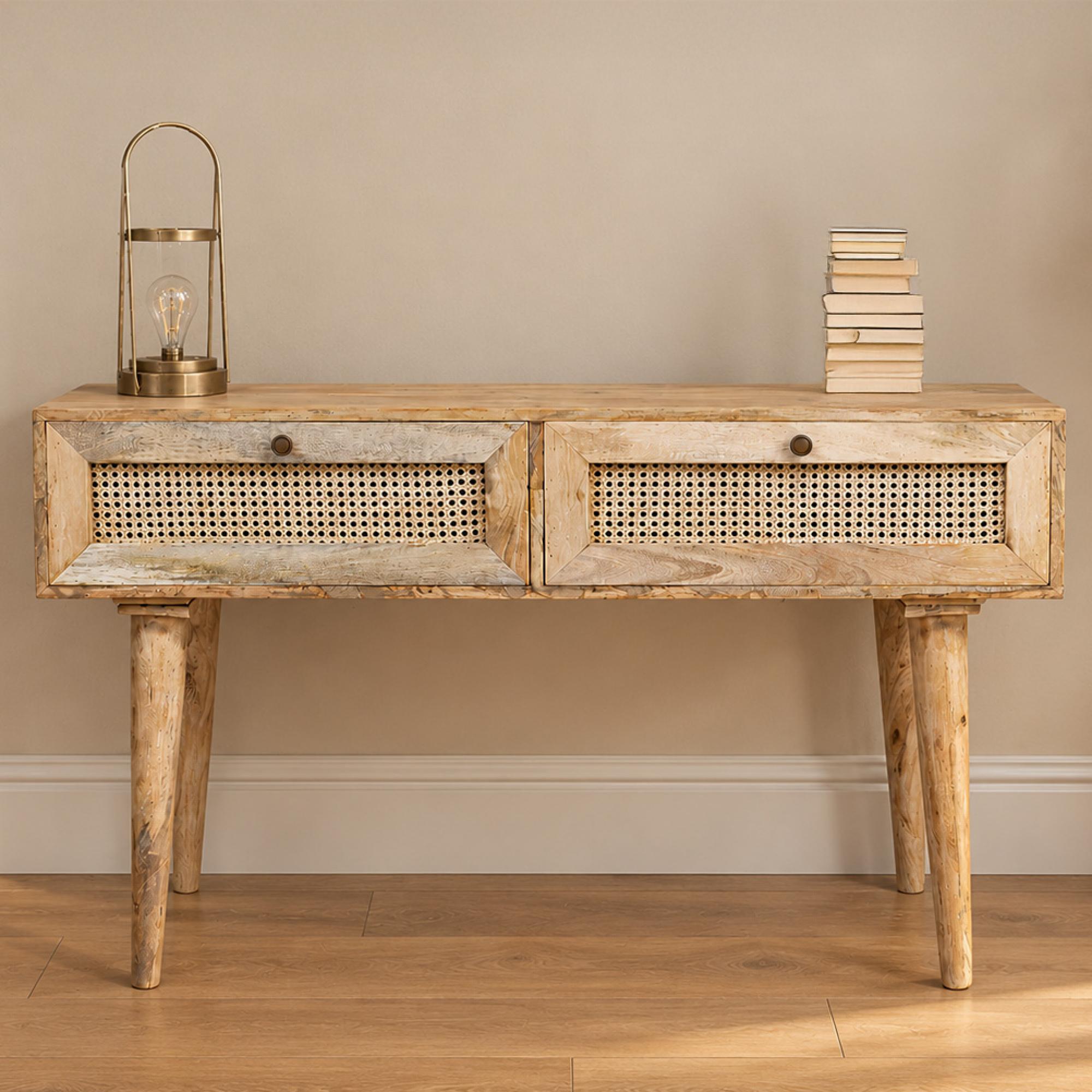 Desk - Acacia Wood and Rattan - 2 Drawer