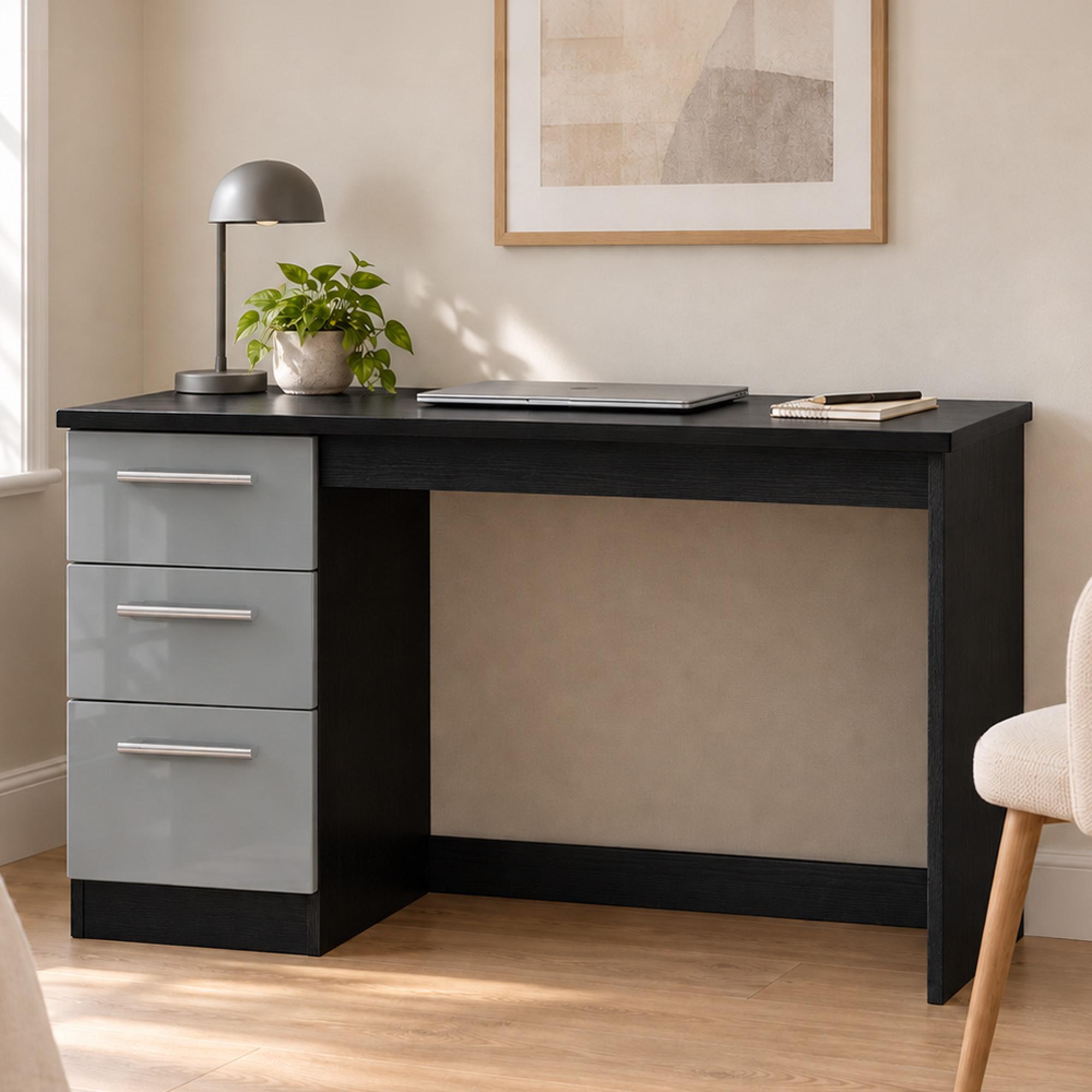 Knightsbridge Grey Gloss and Black 3 Drawer Desk
