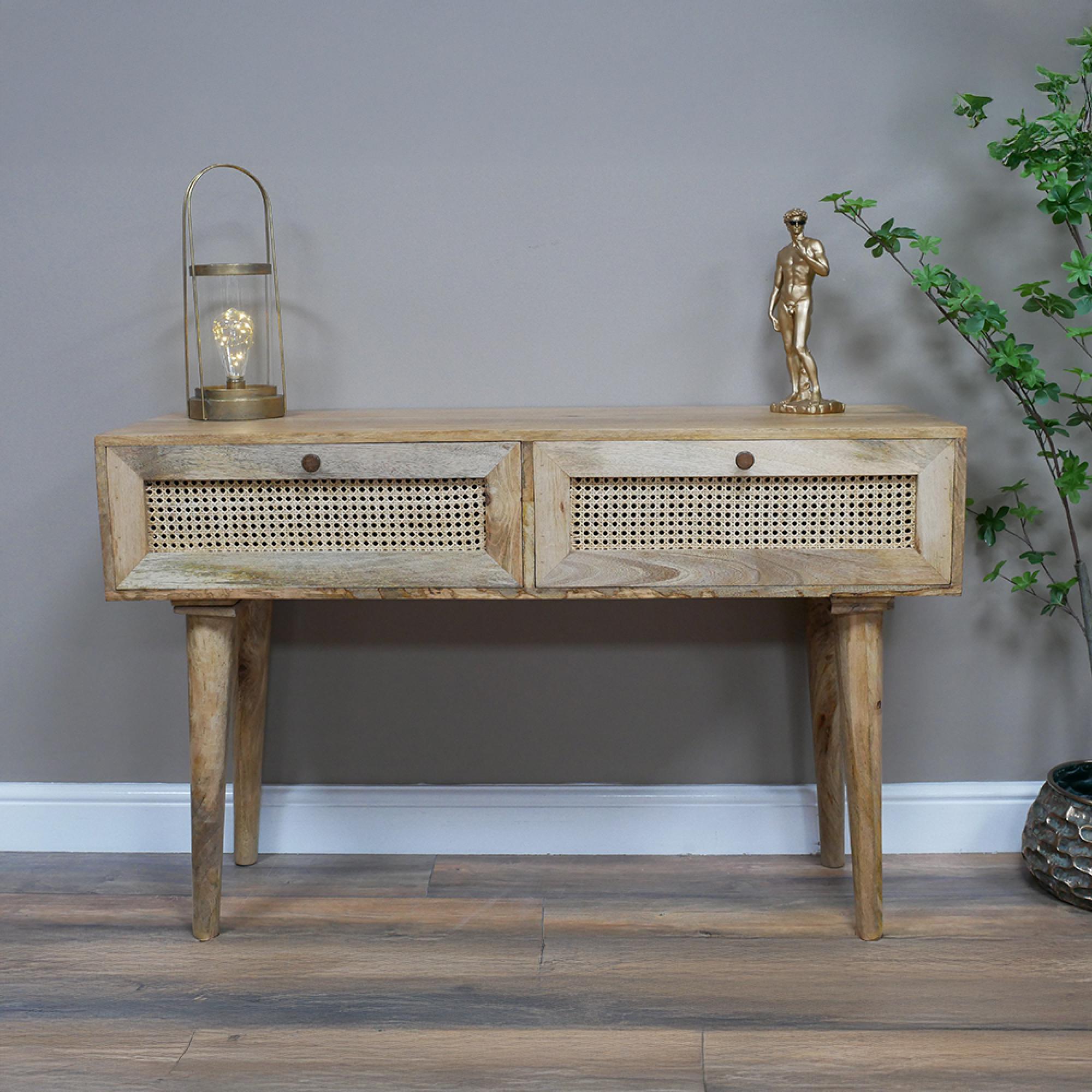 Desk - Acacia Wood and Rattan - 2 Drawer