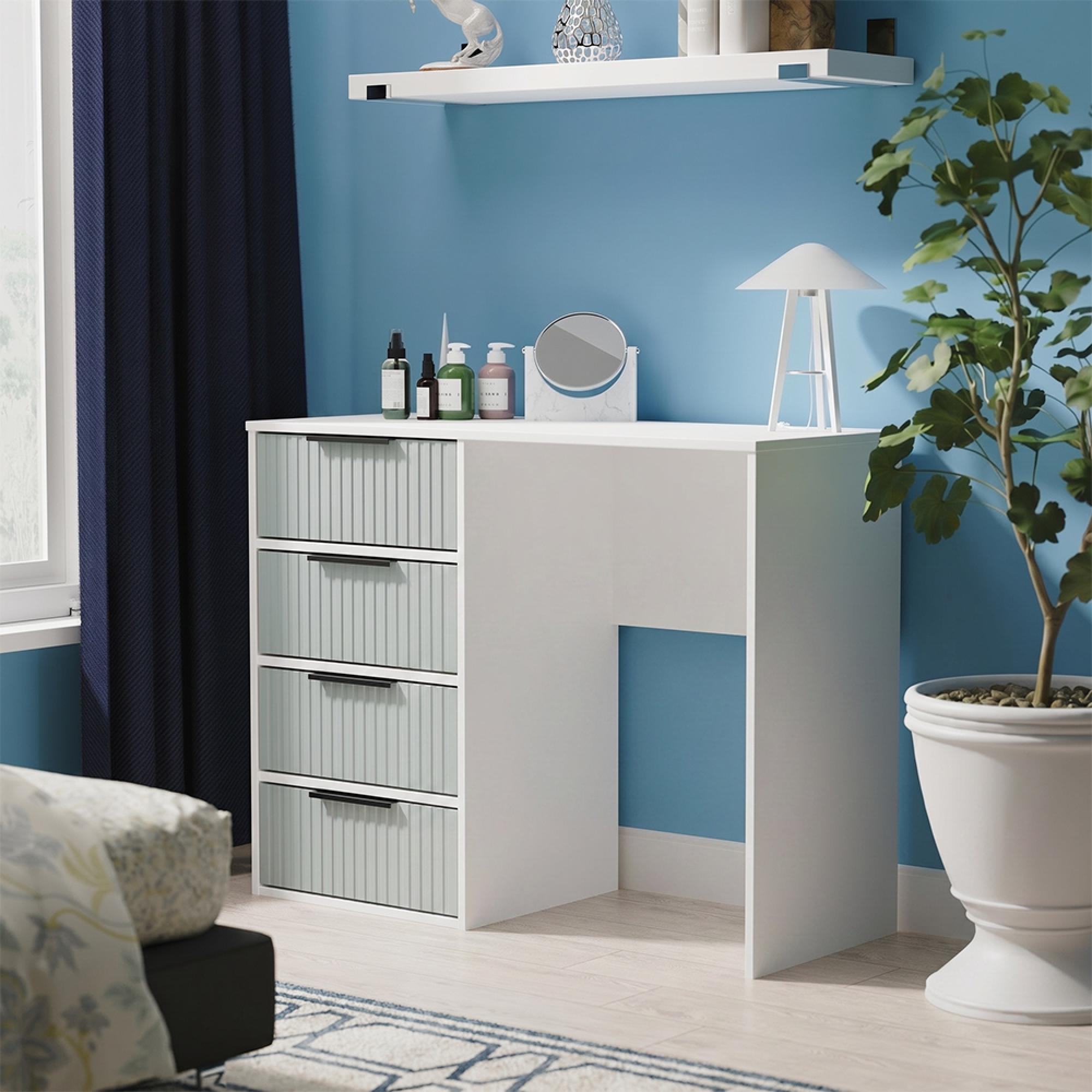 Fluted Desk - 4 Drawer - Duck and White Matt