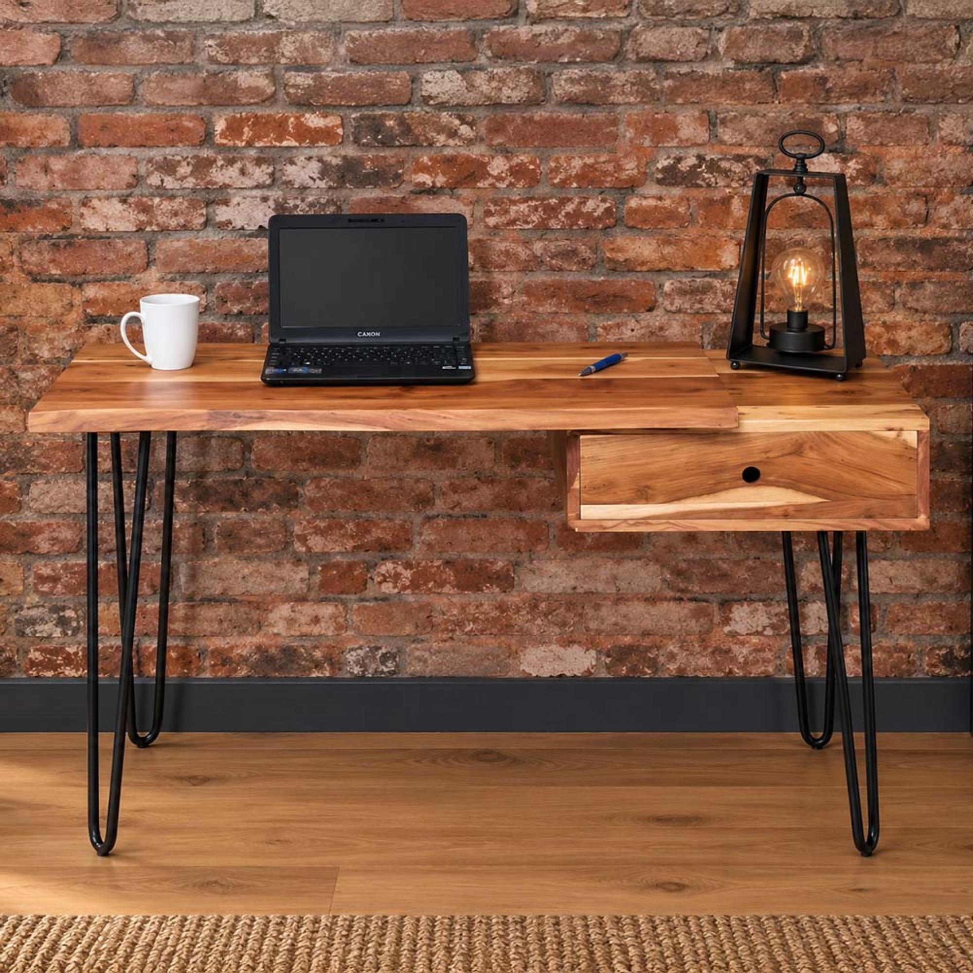 Office Desk - 1 Drawer - Hairpin Leg - Natural and Black - Acacia Wood and Metal
