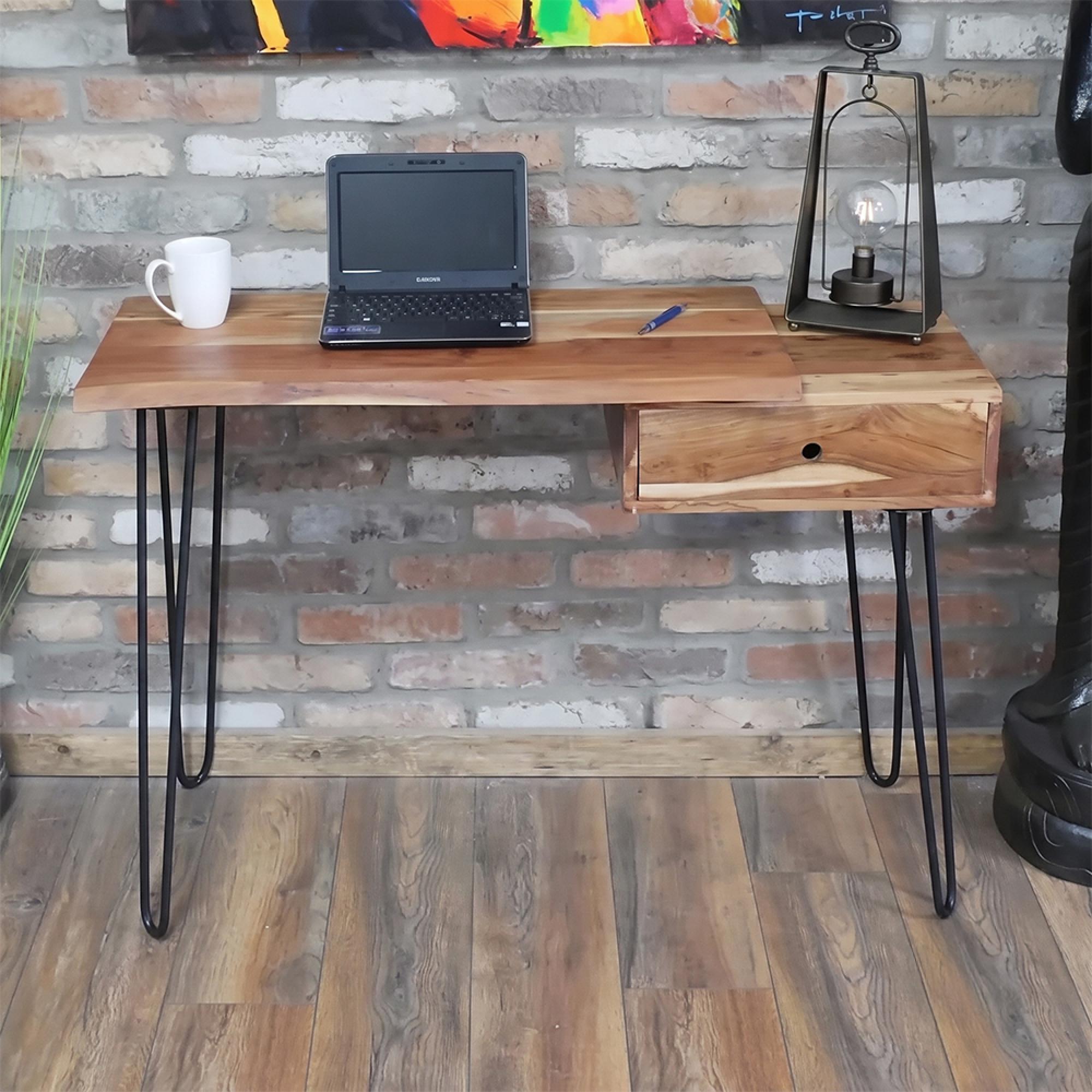 Office Desk - 1 Drawer - Hairpin Leg - Natural and Black - Acacia Wood and Metal