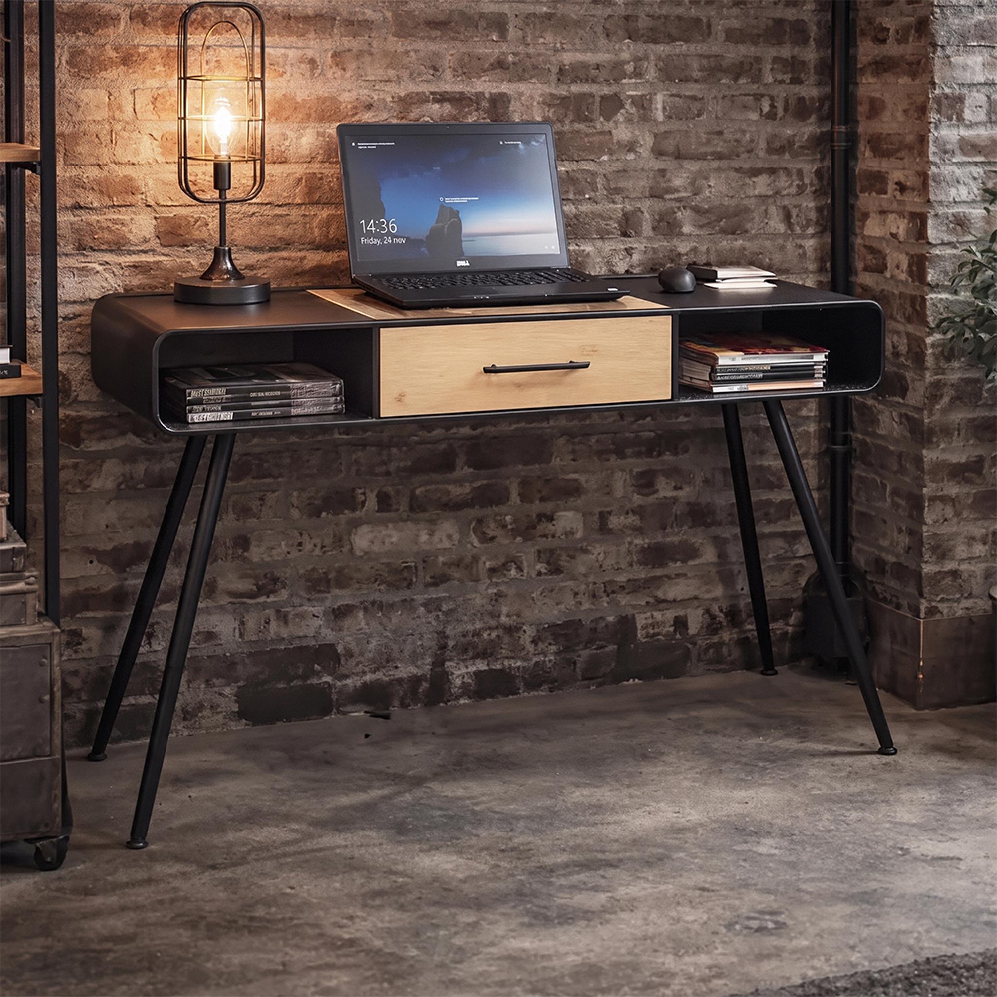 Office Desk - 1 Drawer - Natural and Black - Fir Wood and Metal