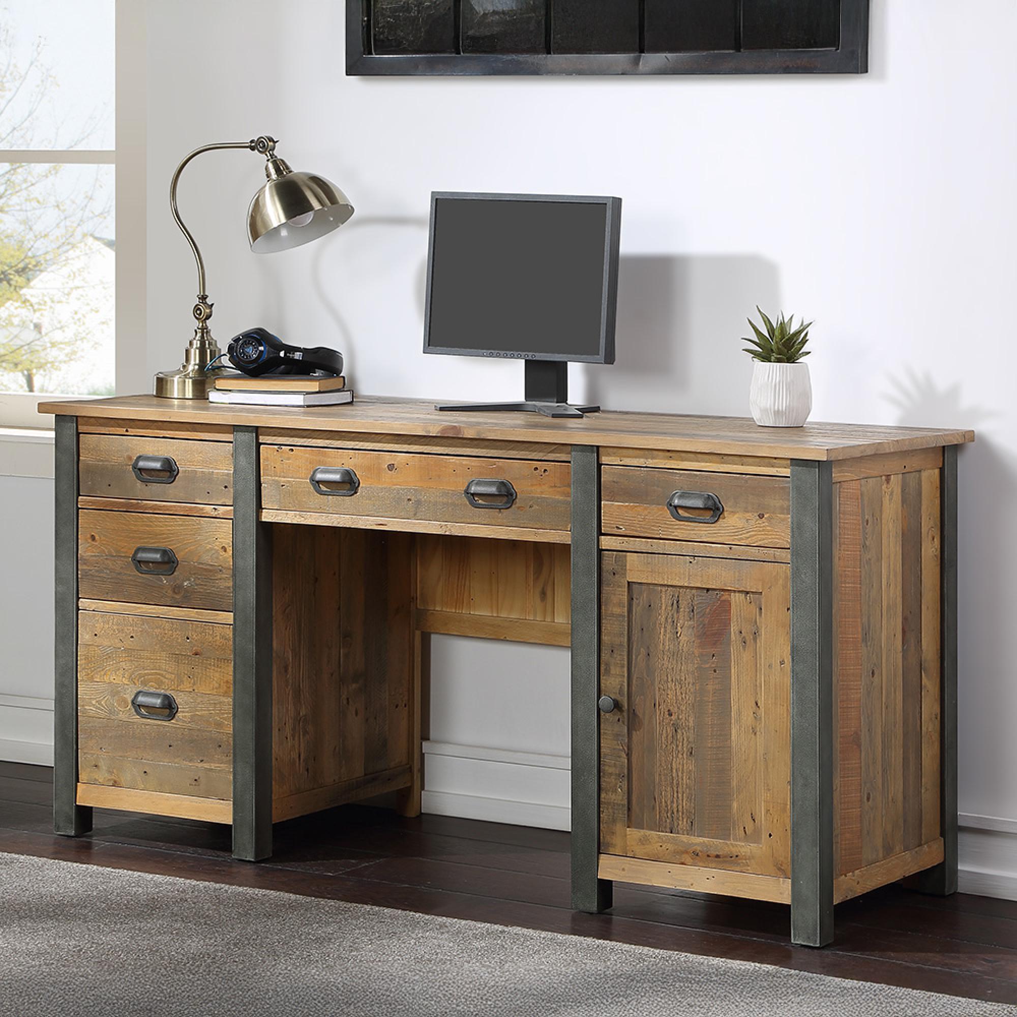Urban Elegance Reclaimed Wood Twin Pedestal Home Office Desk