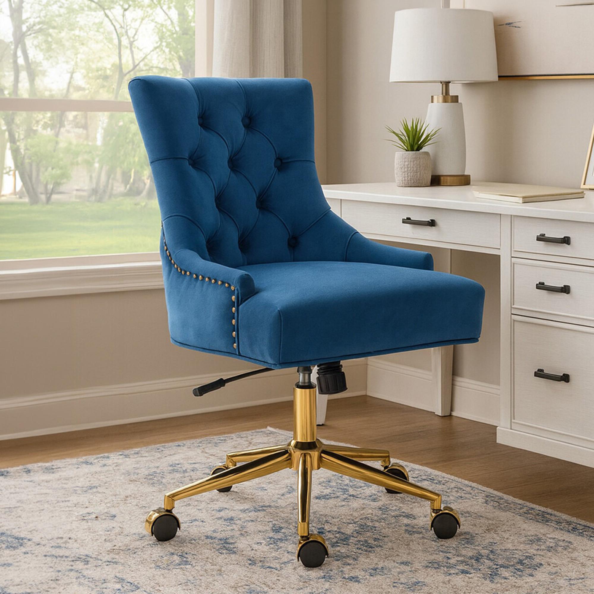 Anita Office Chair - Blue Velvet with Gold Base