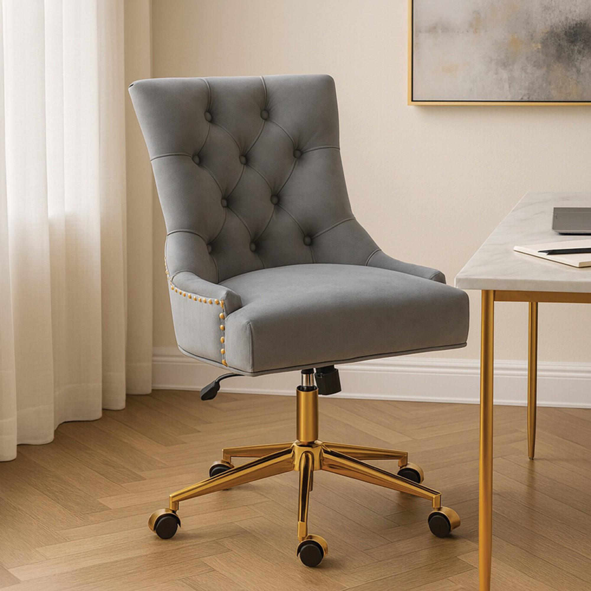 Anita Office Chair - Grey Velvet with Gold Base