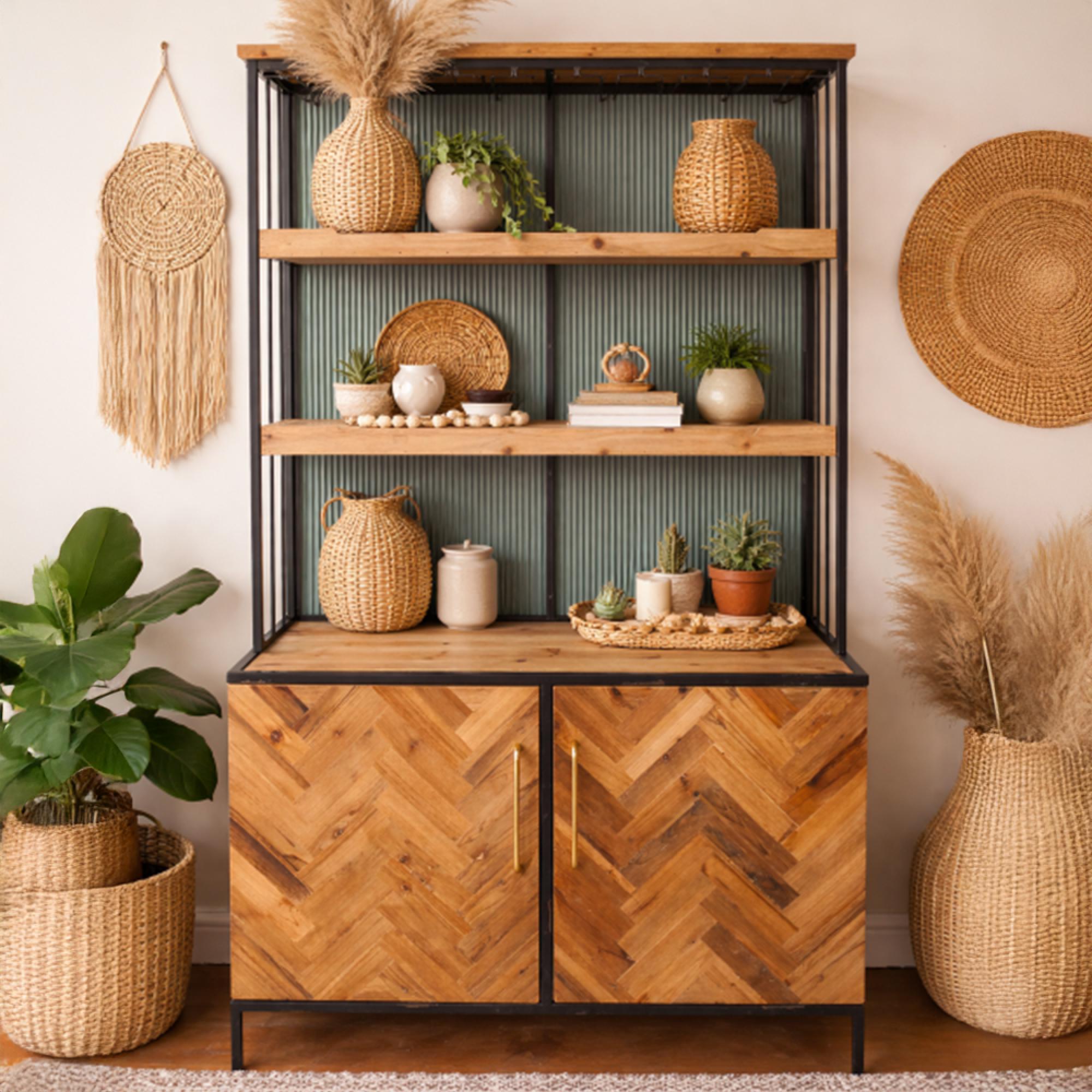 Bar Cabinet - 2 Door - Fir Wood and Metal