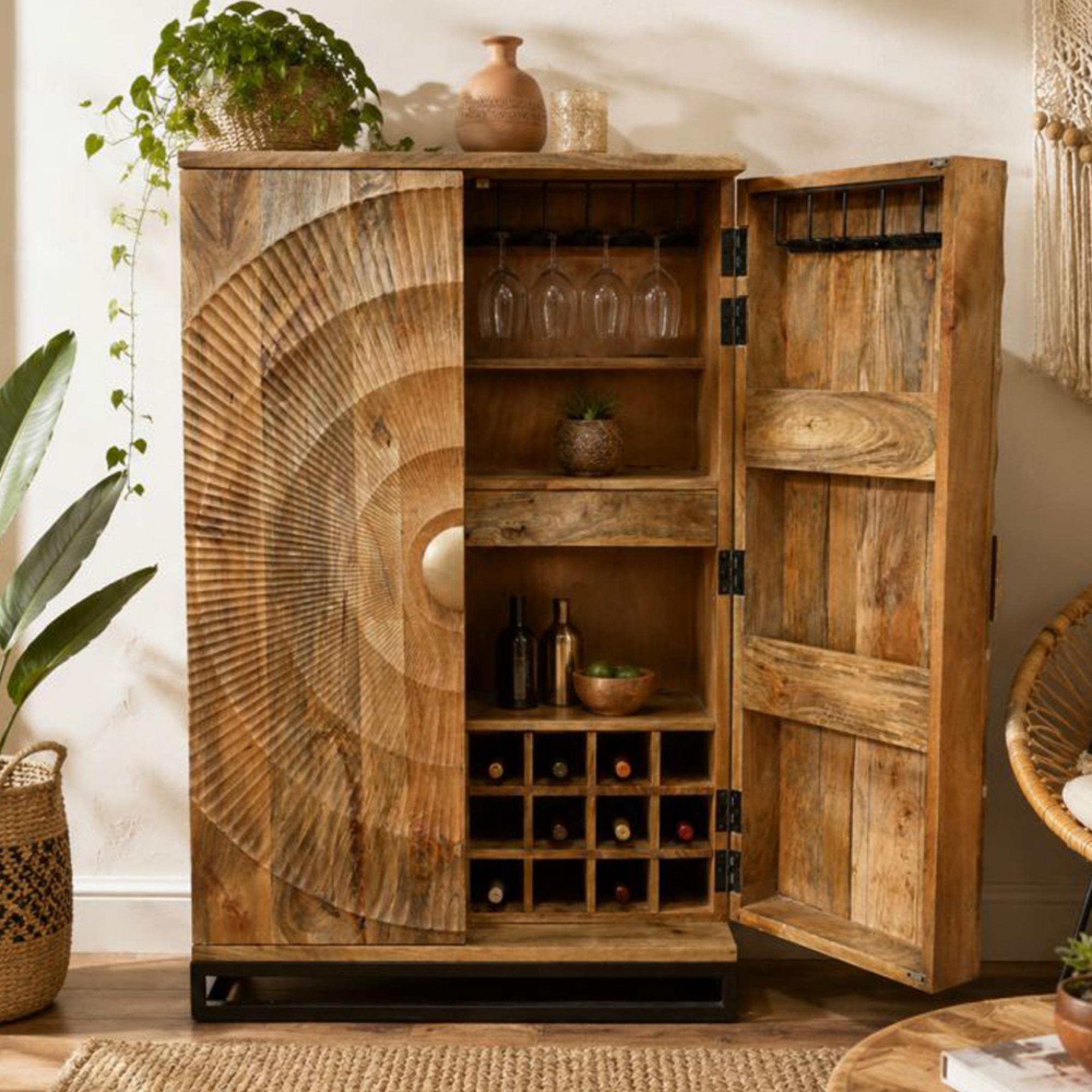 Solstice Wine Cabinet - 2 Door - 2 Drawer - Carved Radial Sunburst - Rustic - Mango Wood