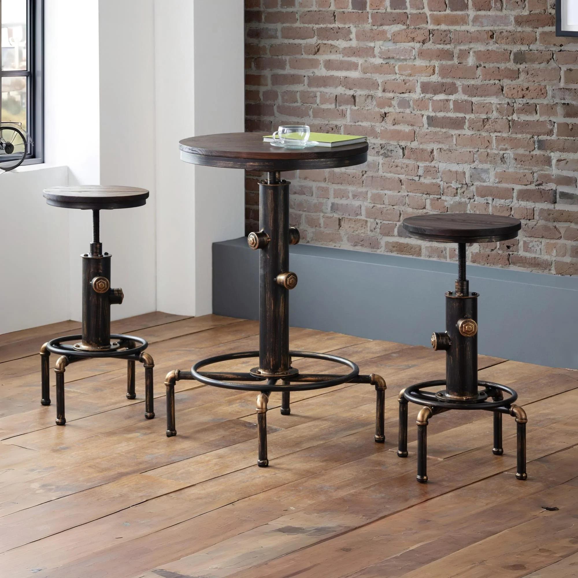 Rockport Round Bar Set - Rustic Elm - Industrial - with 2 Stools