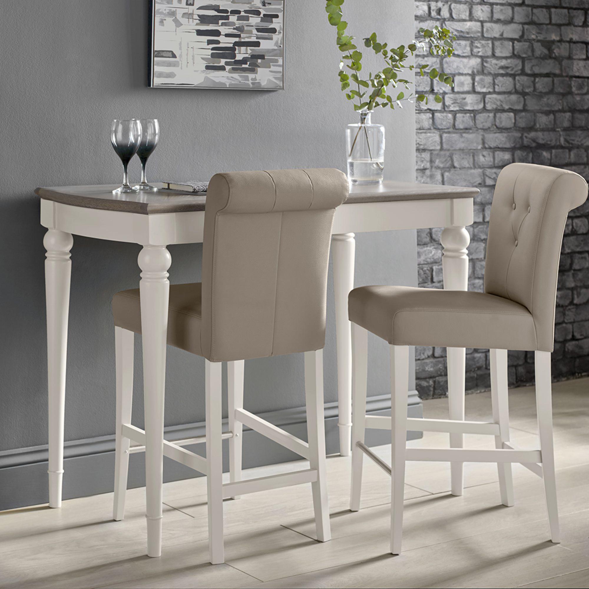 Montreux Bar Table Set - 2 Upholstered Grey Bonded Leather Barstools - Grey Washed Oak & Soft Grey