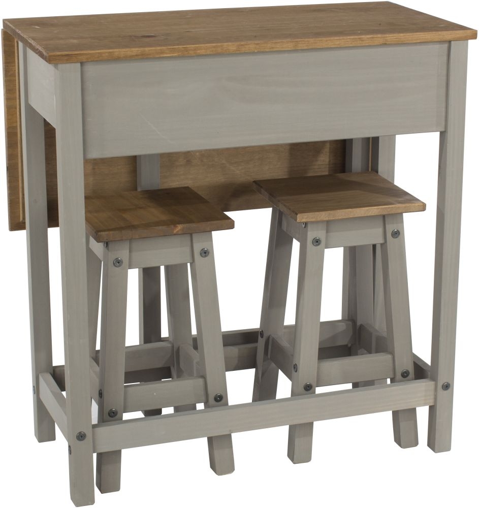 Corona Drop Leaf Table with 2 Stools - Grey Mexican Pine