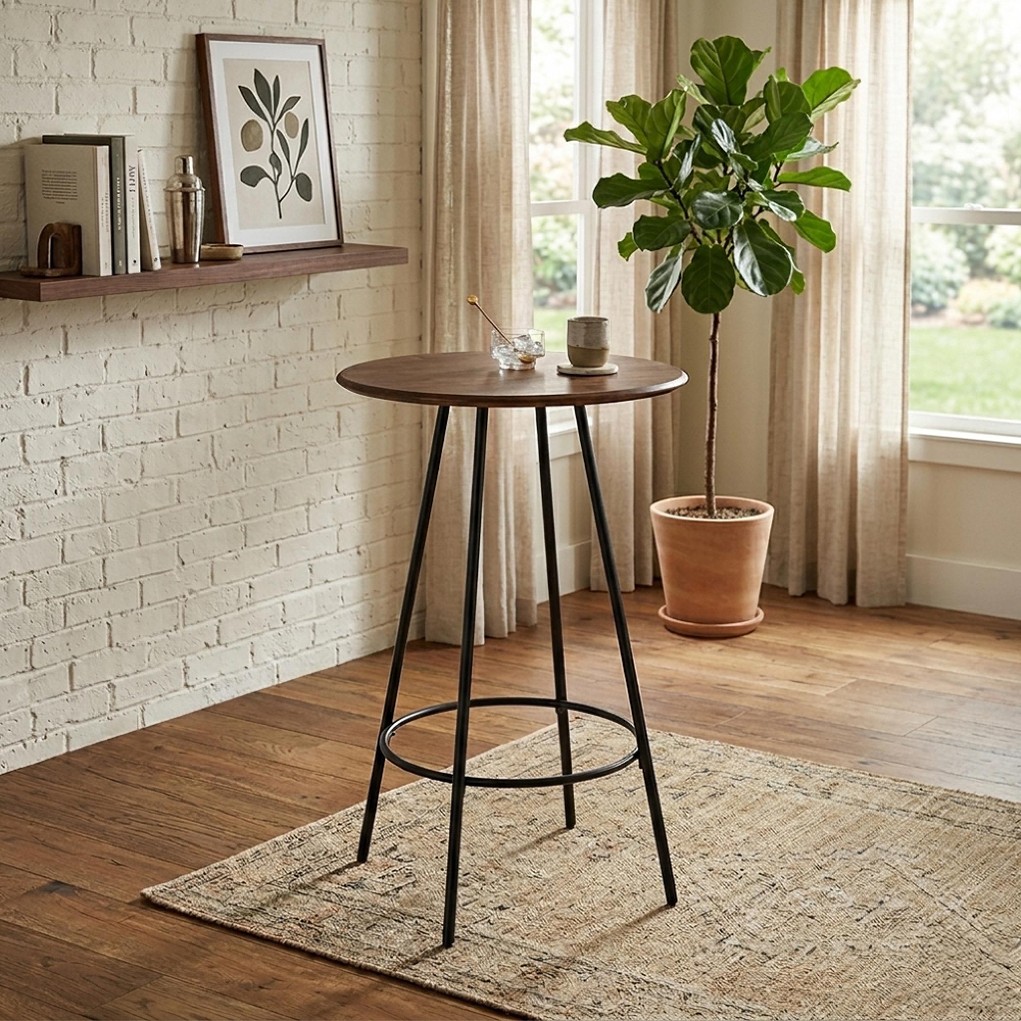 Neo Bar Table - Round - Natural and Black - Rubber Wood and Metal