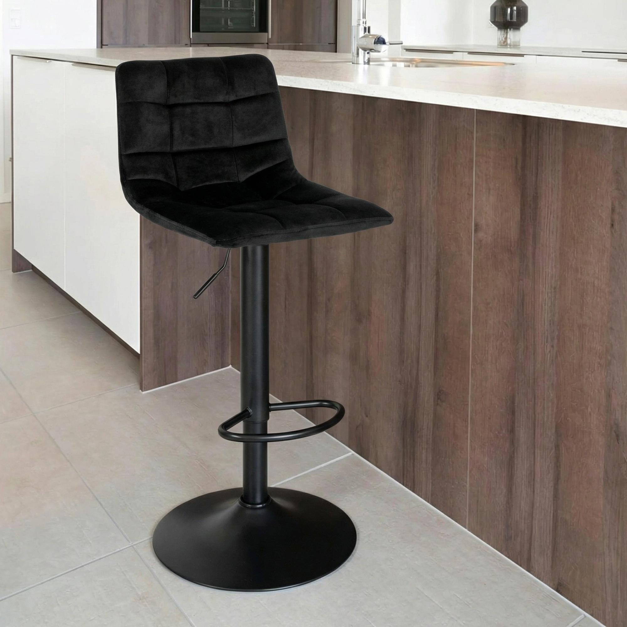 Middelfart Barstool - Black - Velvet Fabric - Set of 2 - Adjustable - with Back