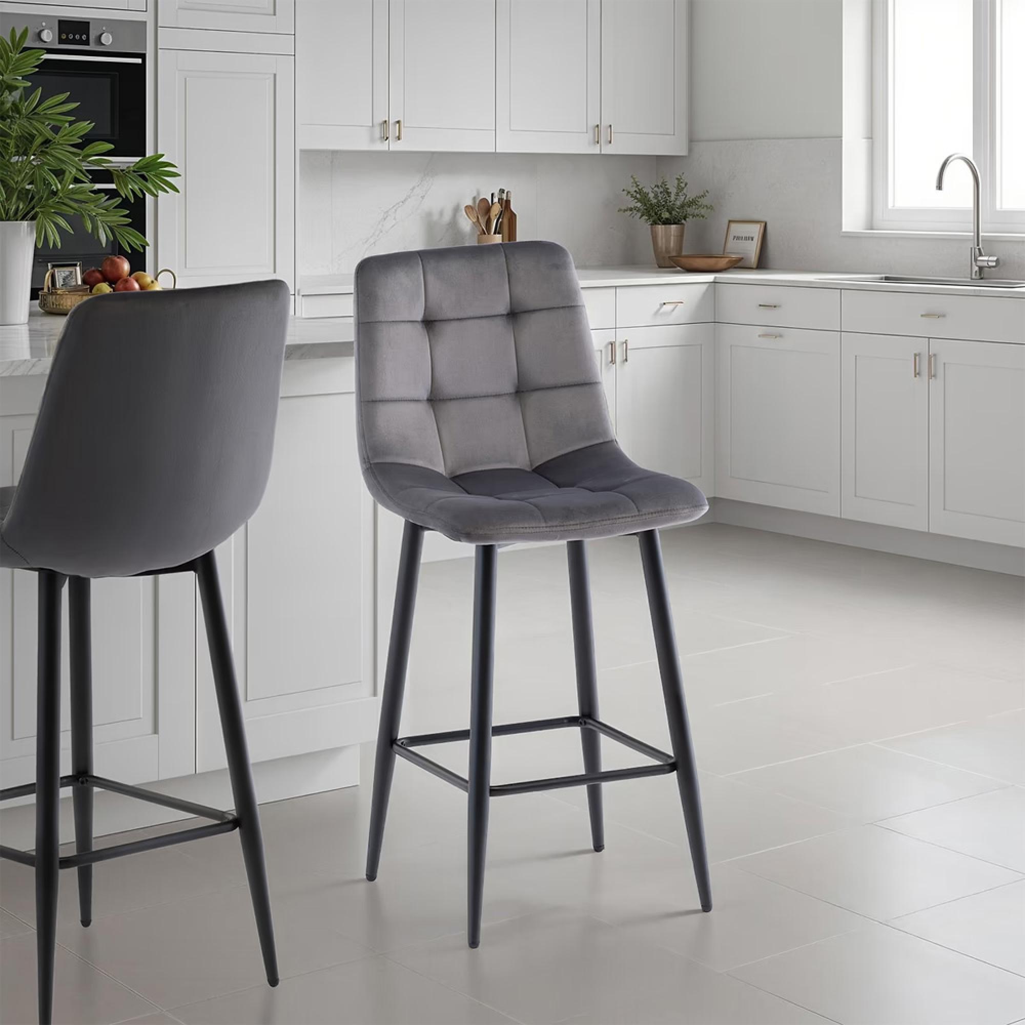 Bella Counter Stools - Set of 2 - Grey Velvet Fabric