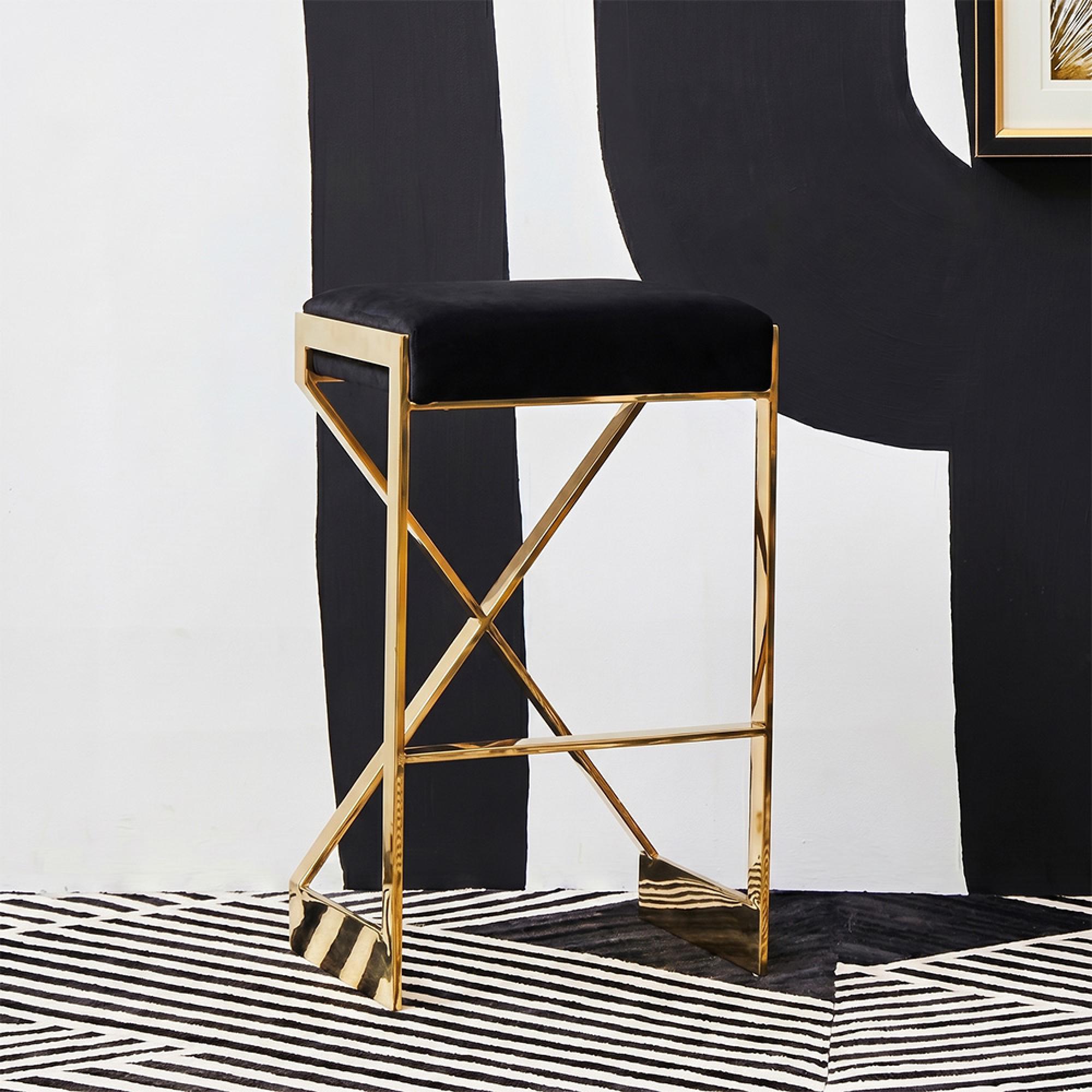 Azalea Barstool - Set of 2 - Black Velvet Fabric with Gold Metal