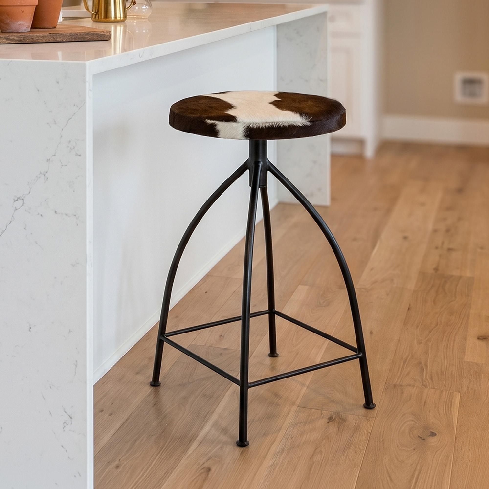 Boho Barstool - Cowhide - Industrial - Round