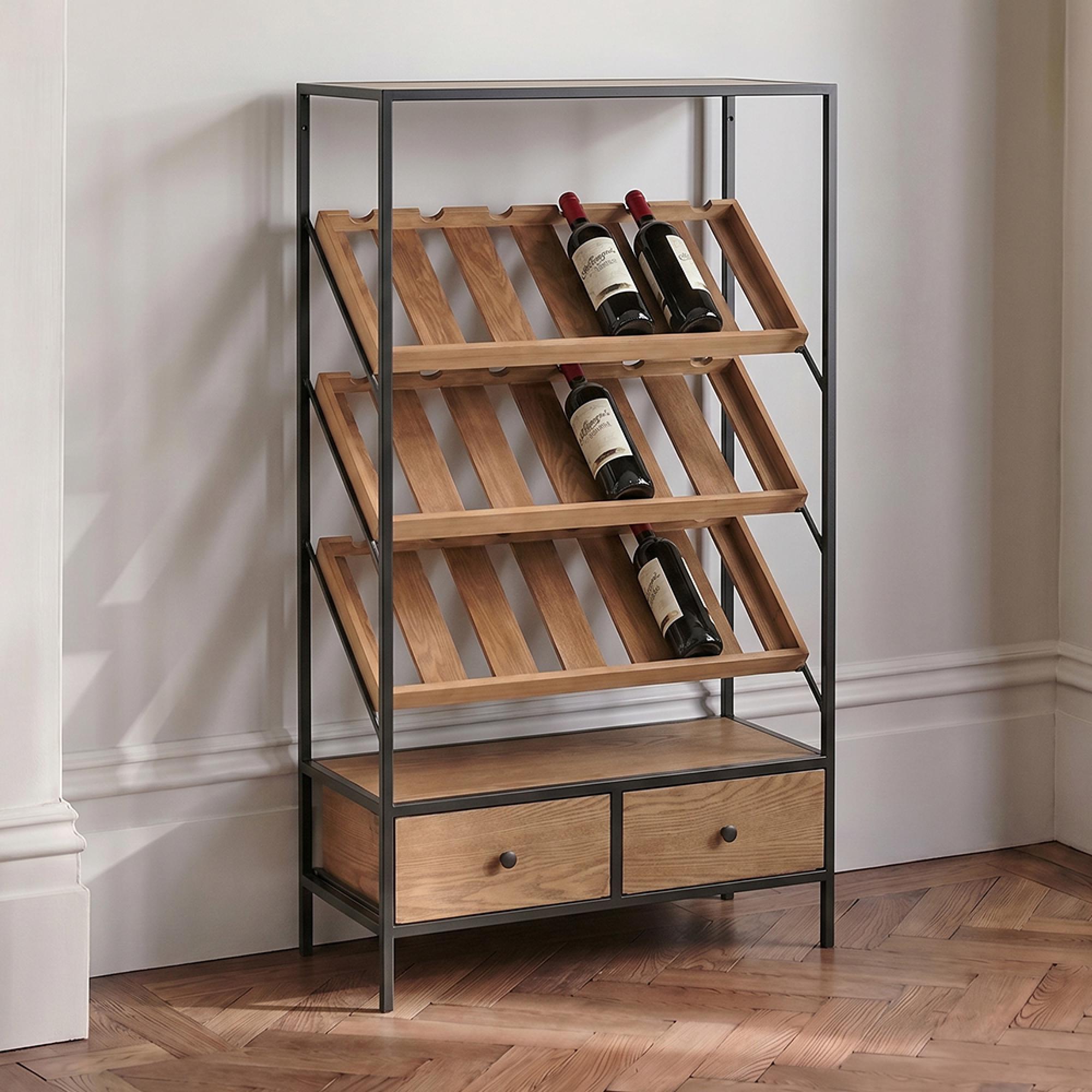 Bar Cabinet - 2 Drawer - Medium - Natural Wood and Black Metal