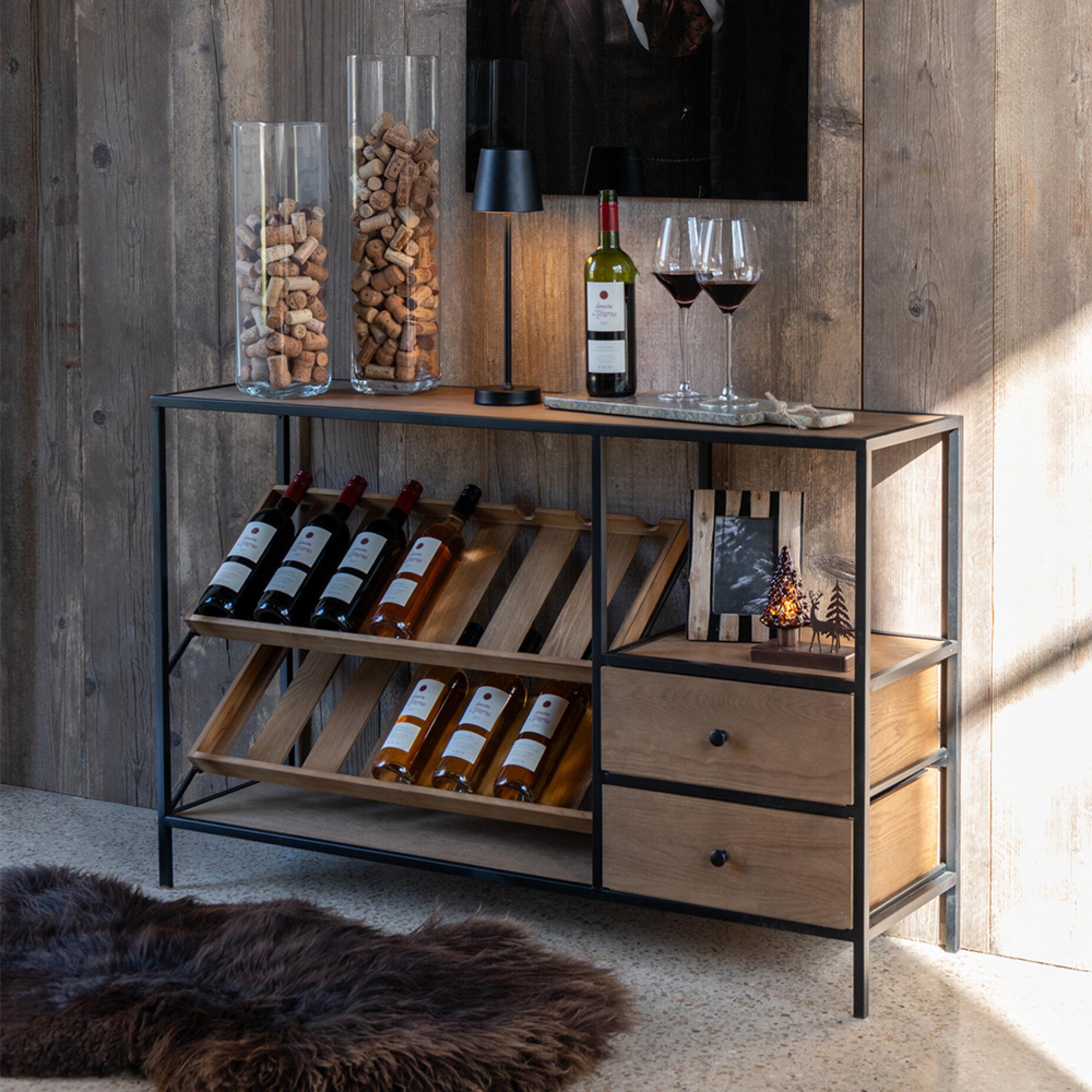 Bar Cabinet - 2 Drawer - Small - Natural Wood and Black Metal
