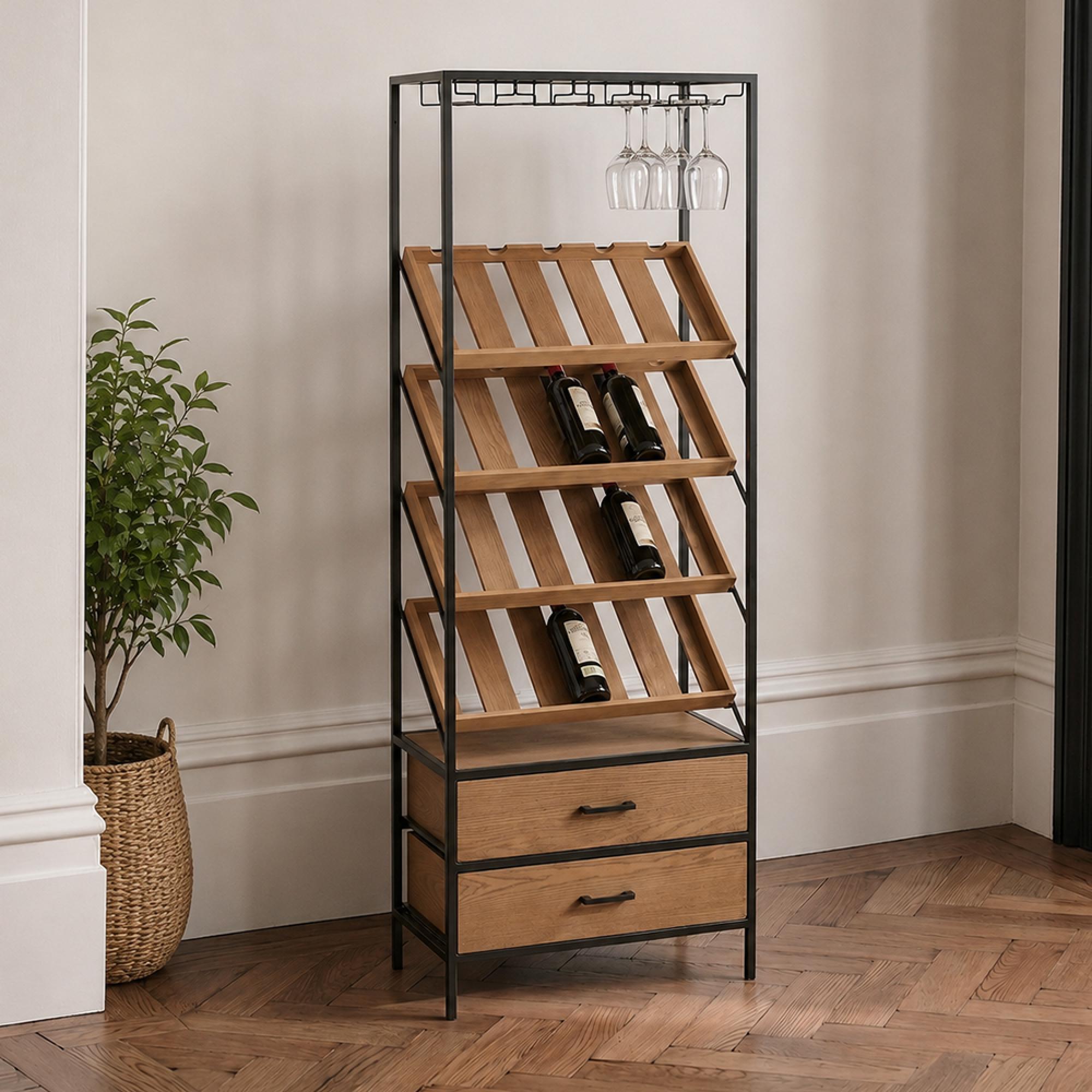 Bar Cabinet - 2 Drawer - Tall - Natural Wood and Black Metal