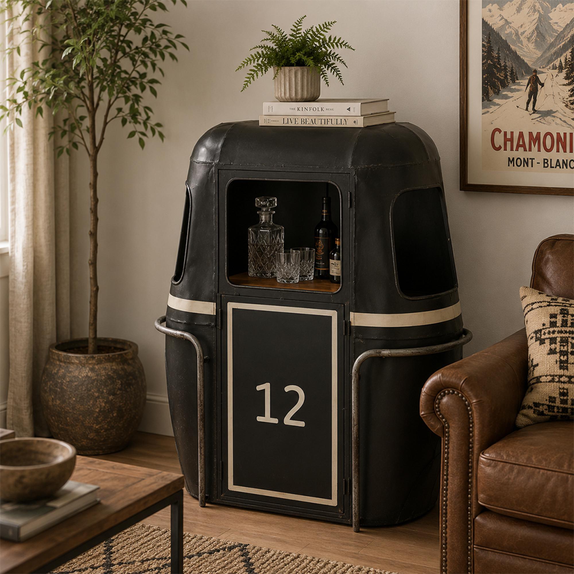 Cable Car Bar Cabinet - 1 Door - Black and White - Mango Wood and Metal