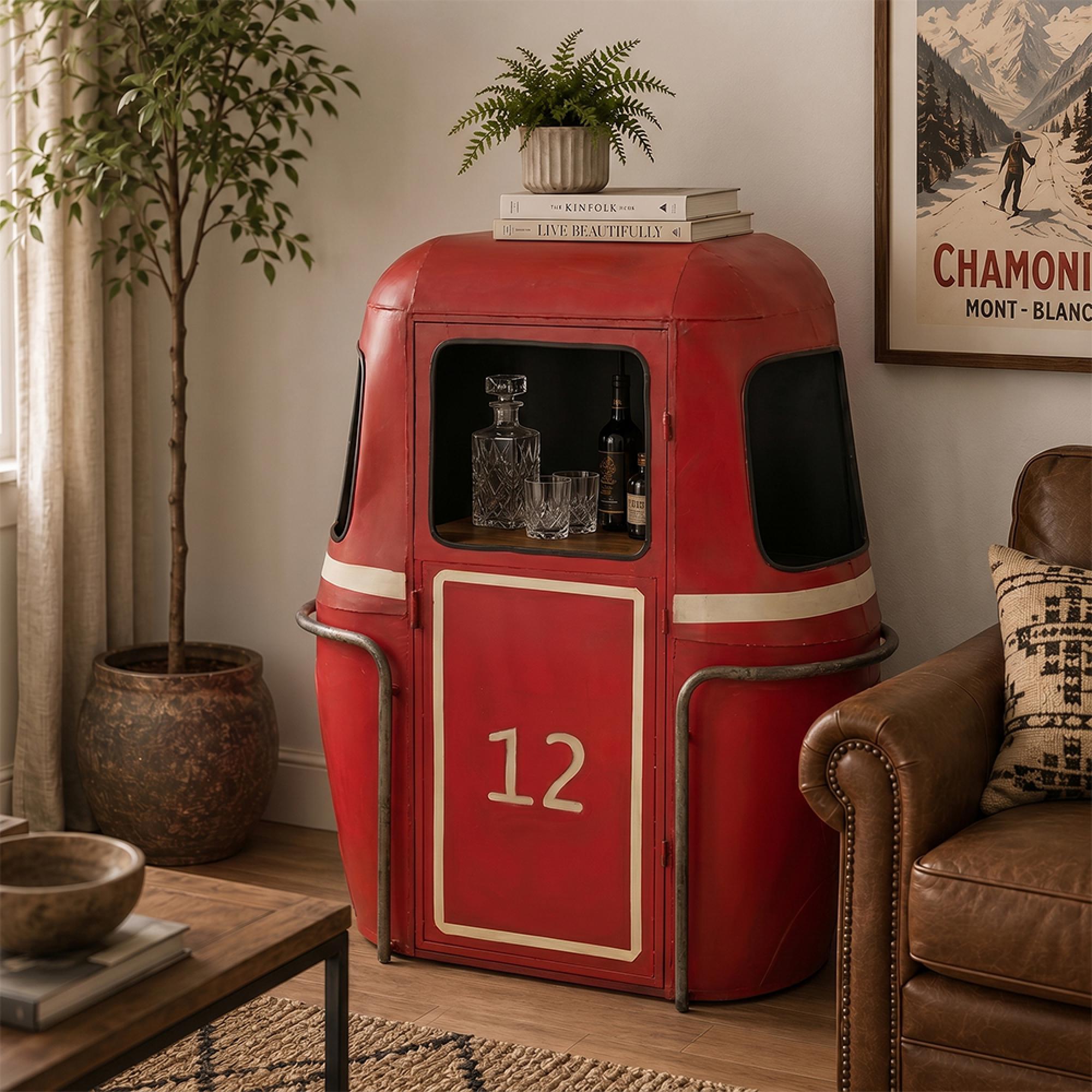 Cable Car Bar Cabinet - 1 Door - Red and White - Mango Wood and Metal