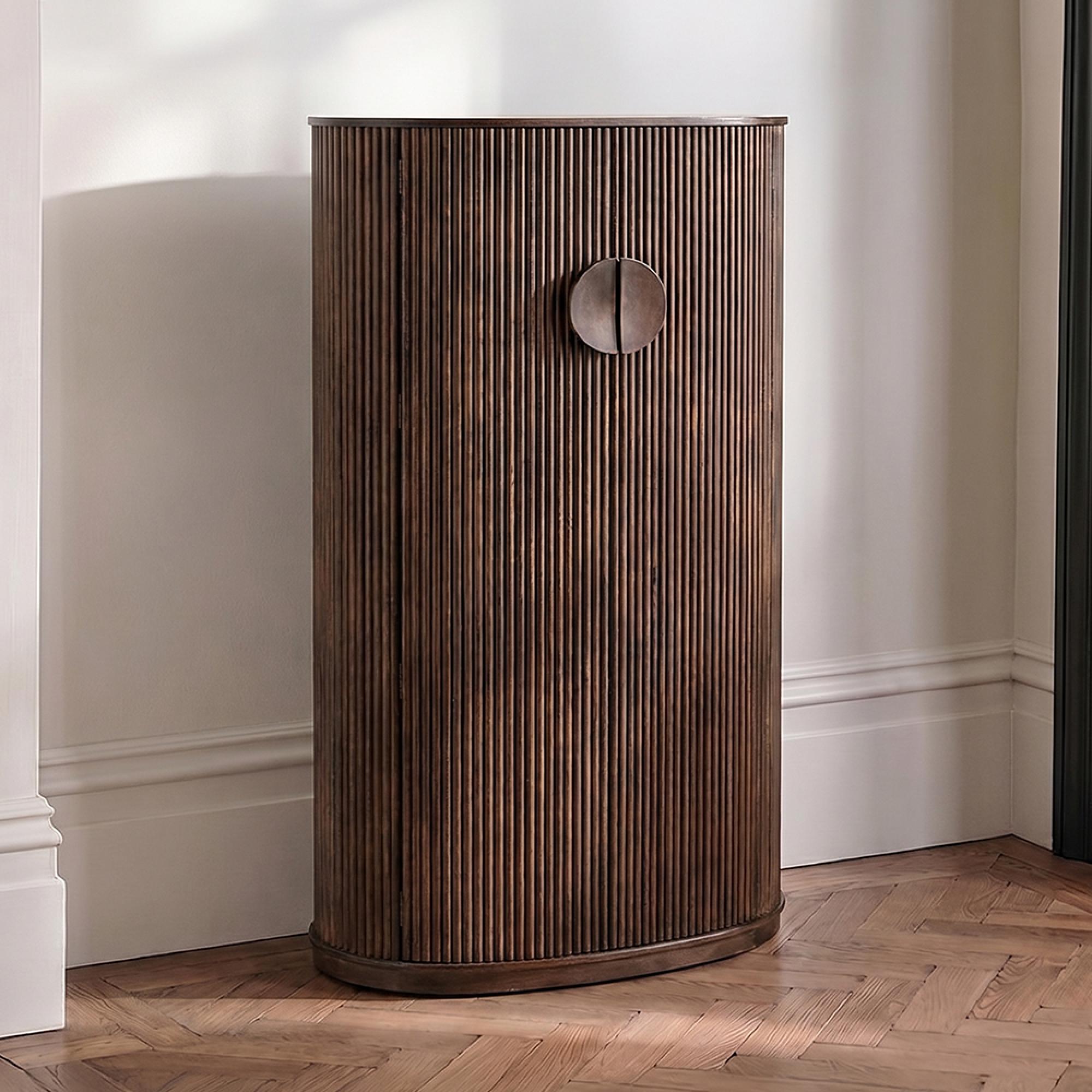 Reyi Curved Fluted Bar Cabinet - 2 Door 1 Drawer - Dark Brown - Mango Wood